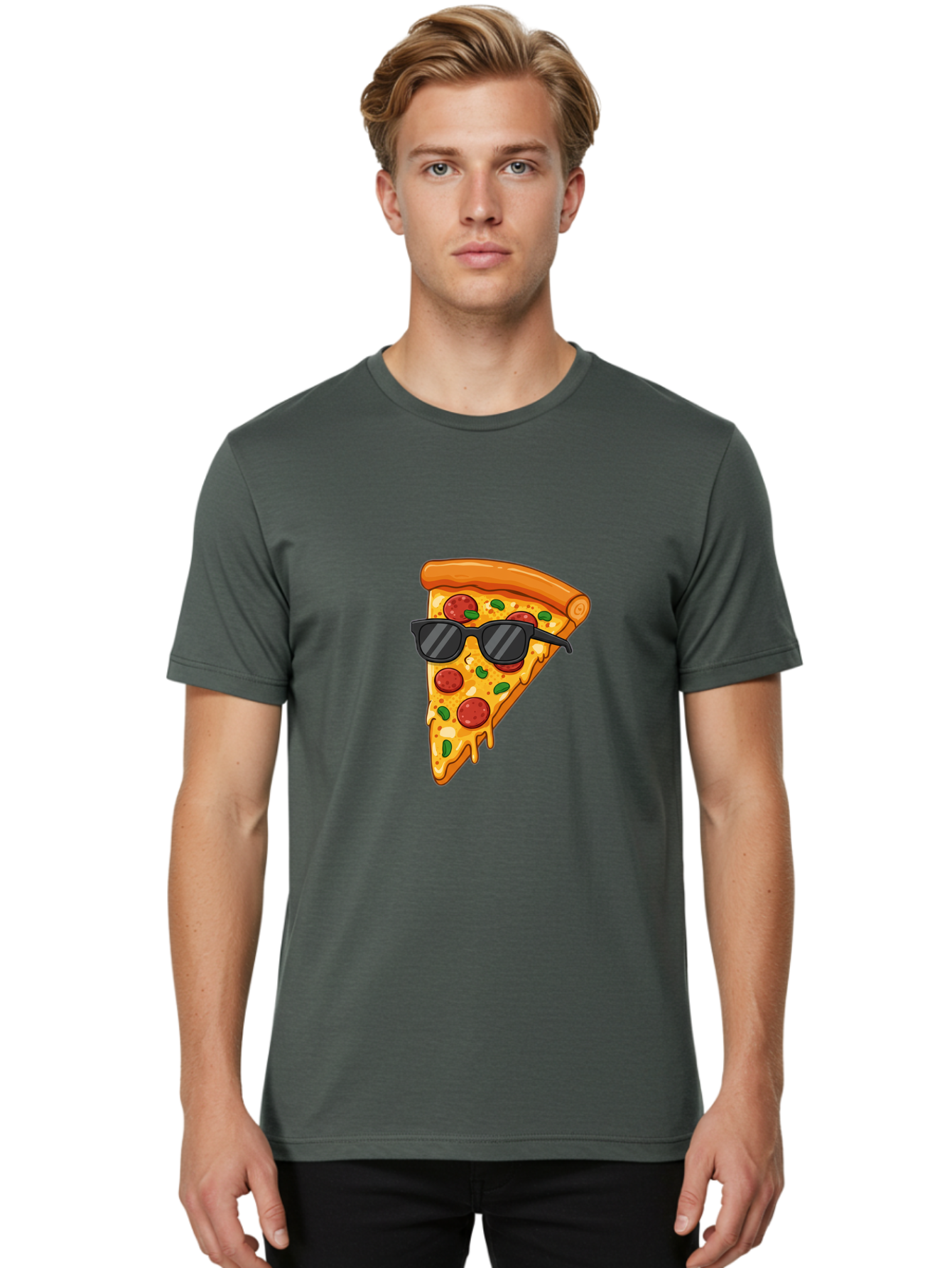 Pizza-Slice-Sunglasses-3 Men'S Graphic Tee, 100% Cotton, Comfortable Casual Summer Wear, Machine Washable, Pizza Slice With Sunglasses, Pepperoni Pizza, Cheesy Goodness, Melted Cheese, Green Peppers, Trendy Food, Fun Illustration, Casual Vibe, Bac308