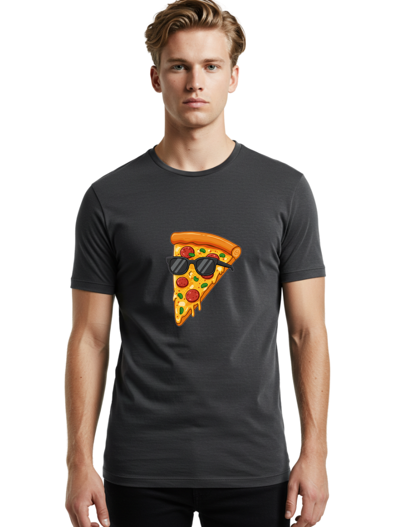Pizza-Slice-Sunglasses-3 Men'S Graphic Tee, 100% Cotton, Comfortable Casual Summer Wear, Machine Washable, Pizza Slice With Sunglasses, Pepperoni Pizza, Cheesy Goodness, Melted Cheese, Green Peppers, Trendy Food, Fun Illustration, Casual Vibe, Bac308