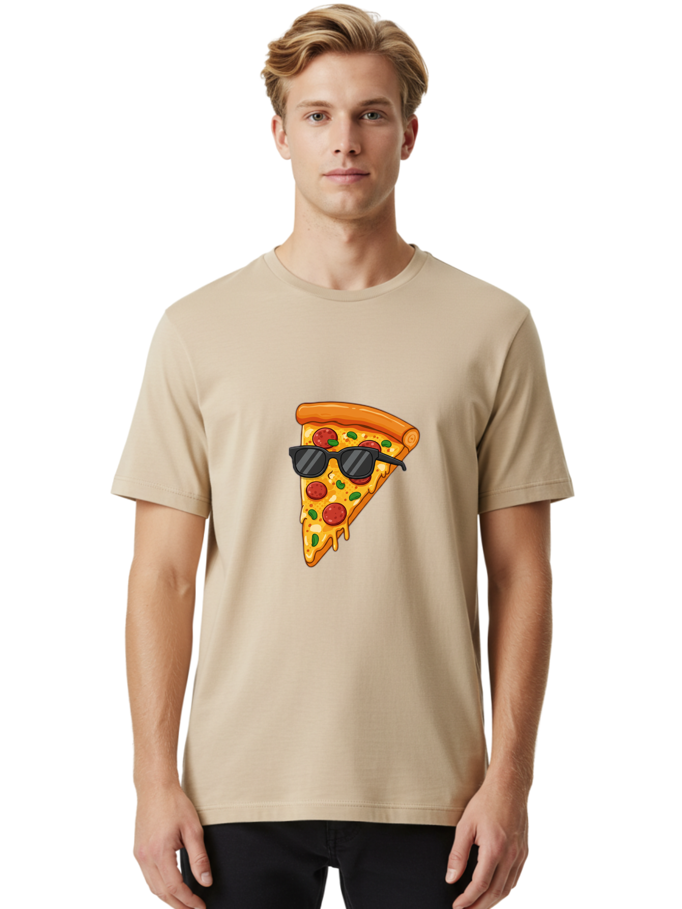 Pizza-Slice-Sunglasses-3 Men'S Graphic Tee, 100% Cotton, Comfortable Casual Summer Wear, Machine Washable, Pizza Slice With Sunglasses, Pepperoni Pizza, Cheesy Goodness, Melted Cheese, Green Peppers, Trendy Food, Fun Illustration, Casual Vibe, Bac308