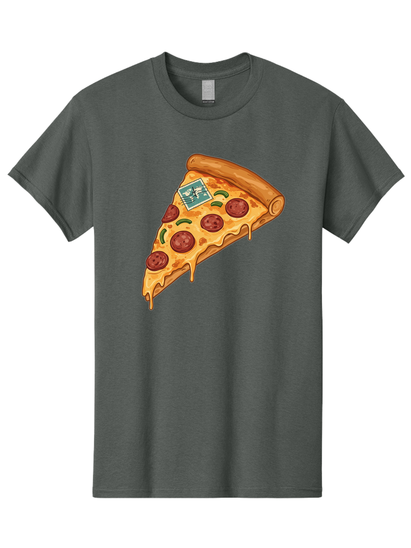 Pizza-Slice-With-Stamp Men'S Graphic Tee, 100% Cotton, Comfortable Casual Summer Wear, Machine Washable, Pizza Slice, Pepperoni Pizza, Cheese Pizza, Melted Cheese, Postage Stamp, Cartoon Food, Illustration, Tasty Food, Savory Dish, Bac311