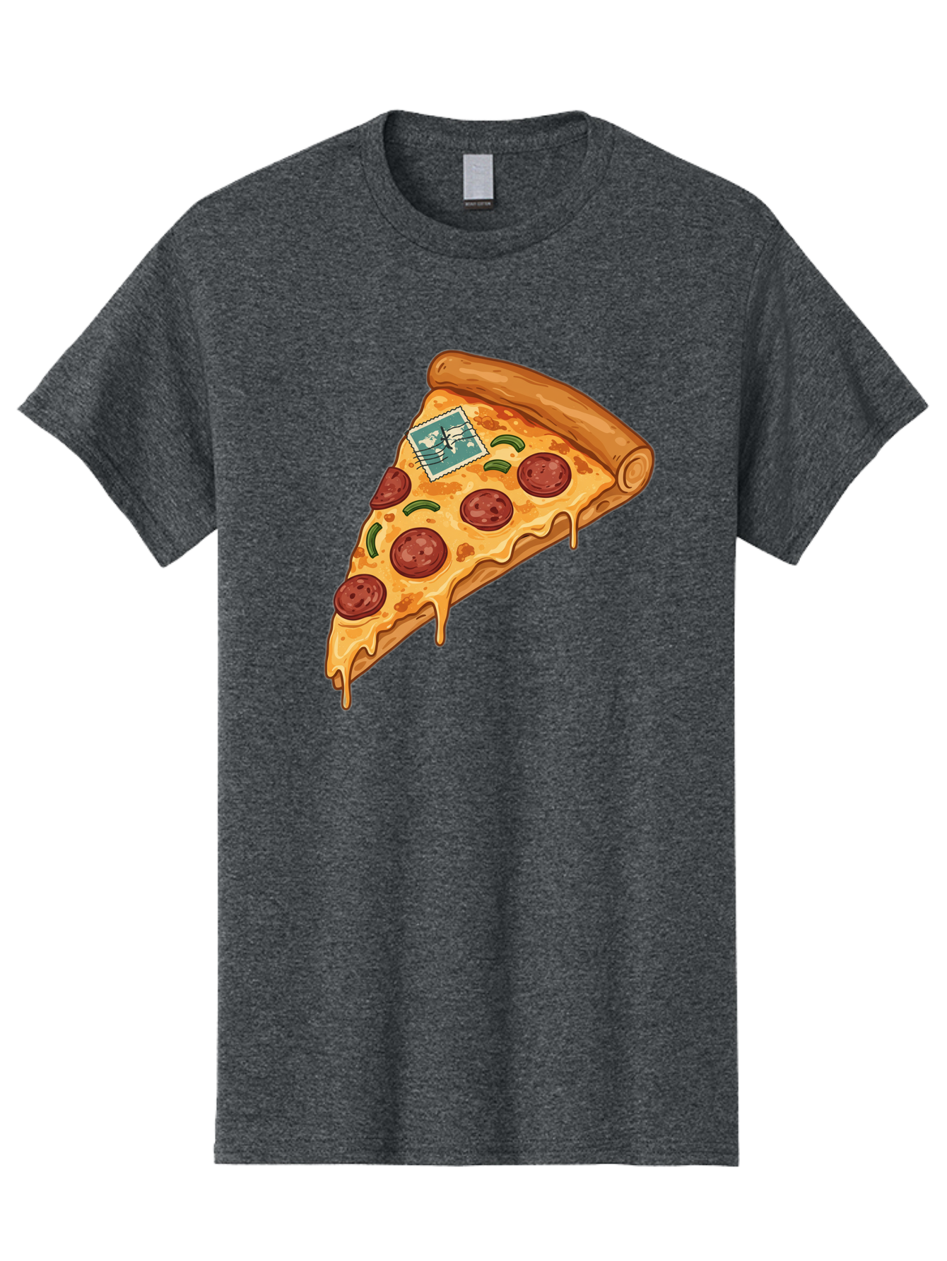 Pizza-Slice-With-Stamp Men'S Graphic Tee, 100% Cotton, Comfortable Casual Summer Wear, Machine Washable, Pizza Slice, Pepperoni Pizza, Cheese Pizza, Melted Cheese, Postage Stamp, Cartoon Food, Illustration, Tasty Food, Savory Dish, Bac311