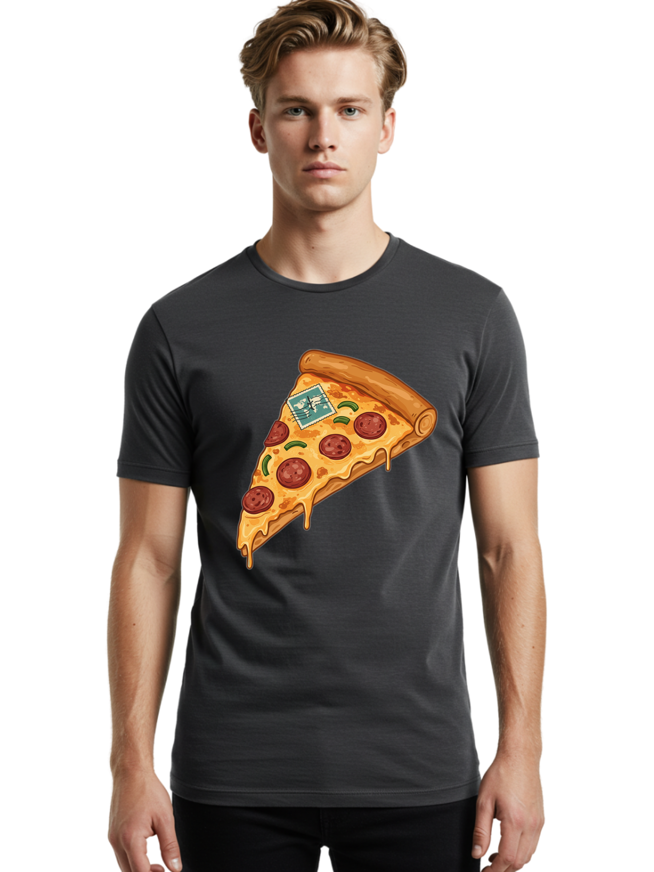Pizza-Slice-With-Stamp Men'S Graphic Tee, 100% Cotton, Comfortable Casual Summer Wear, Machine Washable, Pizza Slice, Pepperoni Pizza, Cheese Pizza, Melted Cheese, Postage Stamp, Cartoon Food, Illustration, Tasty Food, Savory Dish, Bac311
