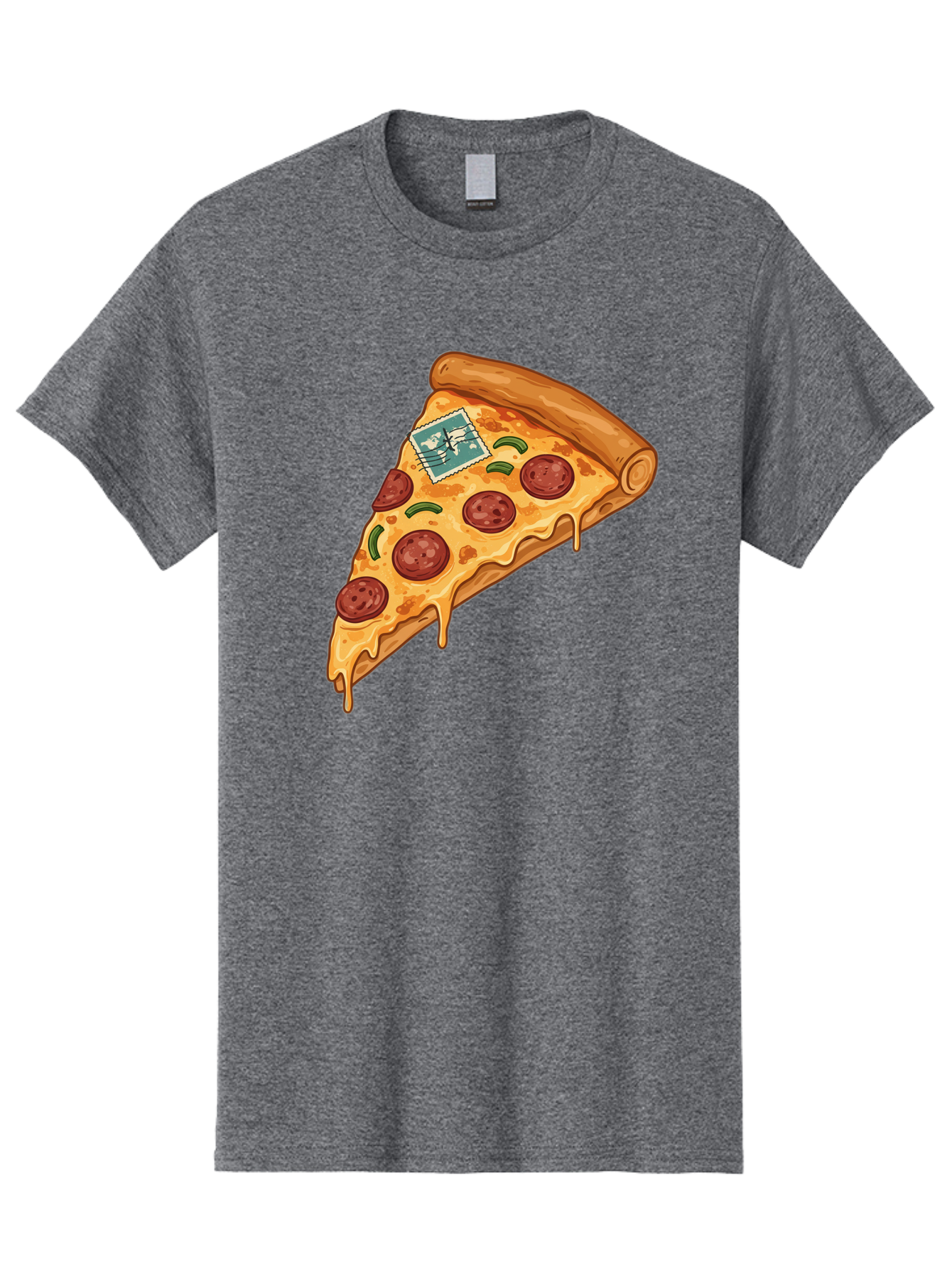 Pizza-Slice-With-Stamp Men'S Graphic Tee, 100% Cotton, Comfortable Casual Summer Wear, Machine Washable, Pizza Slice, Pepperoni Pizza, Cheese Pizza, Melted Cheese, Postage Stamp, Cartoon Food, Illustration, Tasty Food, Savory Dish, Bac311