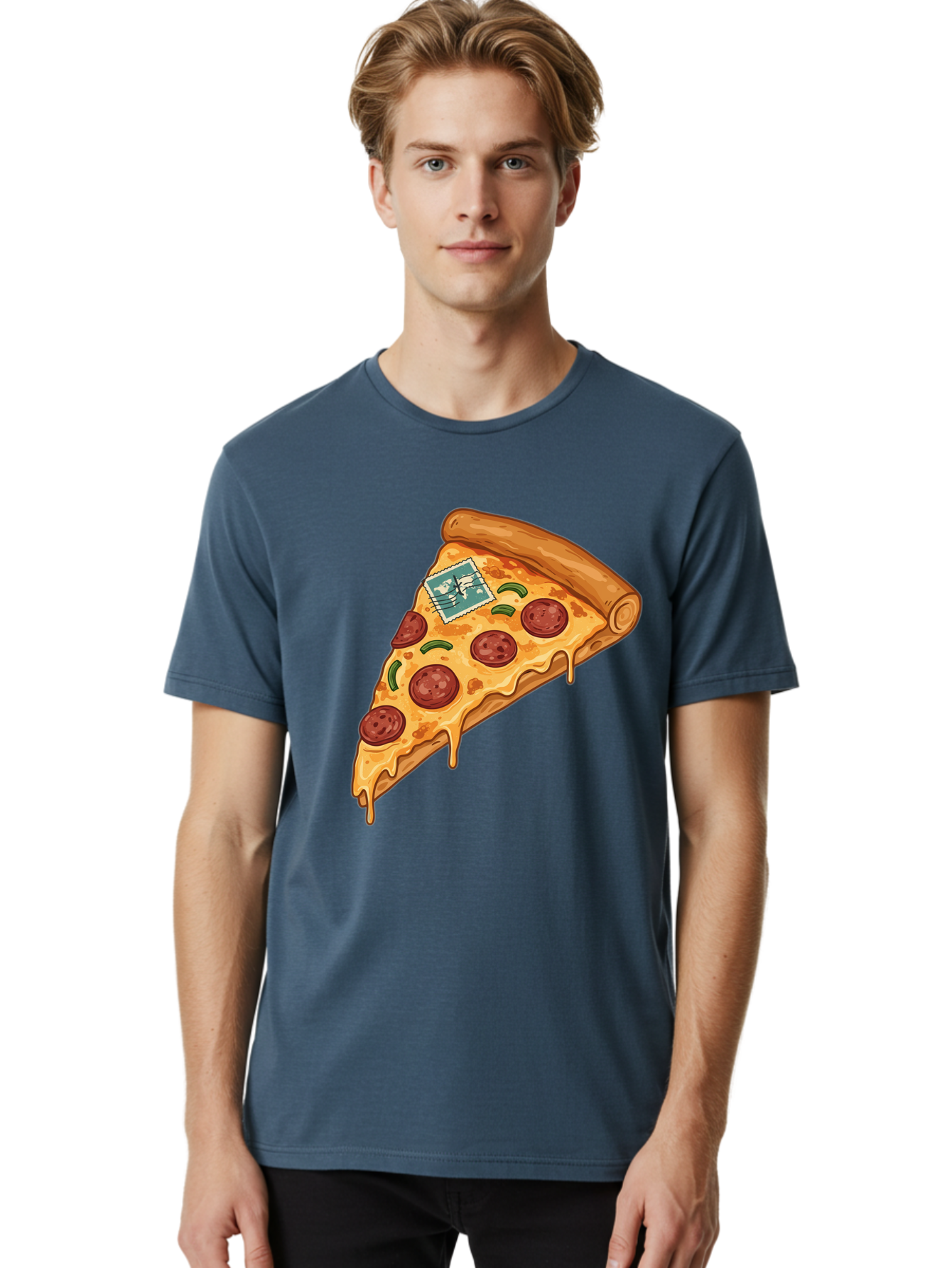 Pizza-Slice-With-Stamp Men'S Graphic Tee, 100% Cotton, Comfortable Casual Summer Wear, Machine Washable, Pizza Slice, Pepperoni Pizza, Cheese Pizza, Melted Cheese, Postage Stamp, Cartoon Food, Illustration, Tasty Food, Savory Dish, Bac311