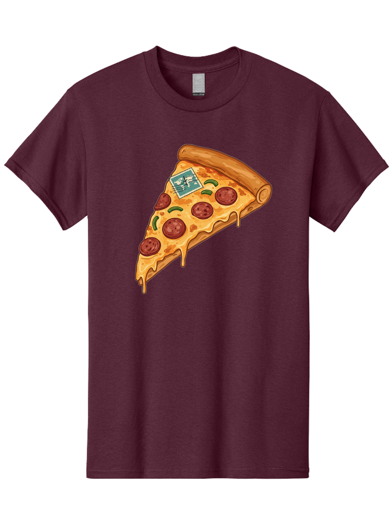 Pizza-Slice-With-Stamp Men'S Graphic Tee, 100% Cotton, Comfortable Casual Summer Wear, Machine Washable, Pizza Slice, Pepperoni Pizza, Cheese Pizza, Melted Cheese, Postage Stamp, Cartoon Food, Illustration, Tasty Food, Savory Dish, Bac311