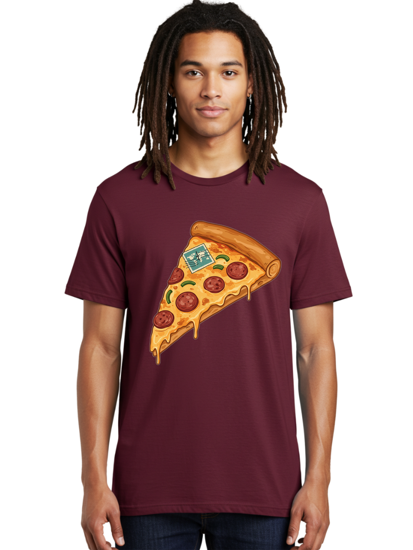 Pizza-Slice-With-Stamp Men'S Graphic Tee, 100% Cotton, Comfortable Casual Summer Wear, Machine Washable, Pizza Slice, Pepperoni Pizza, Cheese Pizza, Melted Cheese, Postage Stamp, Cartoon Food, Illustration, Tasty Food, Savory Dish, Bac311