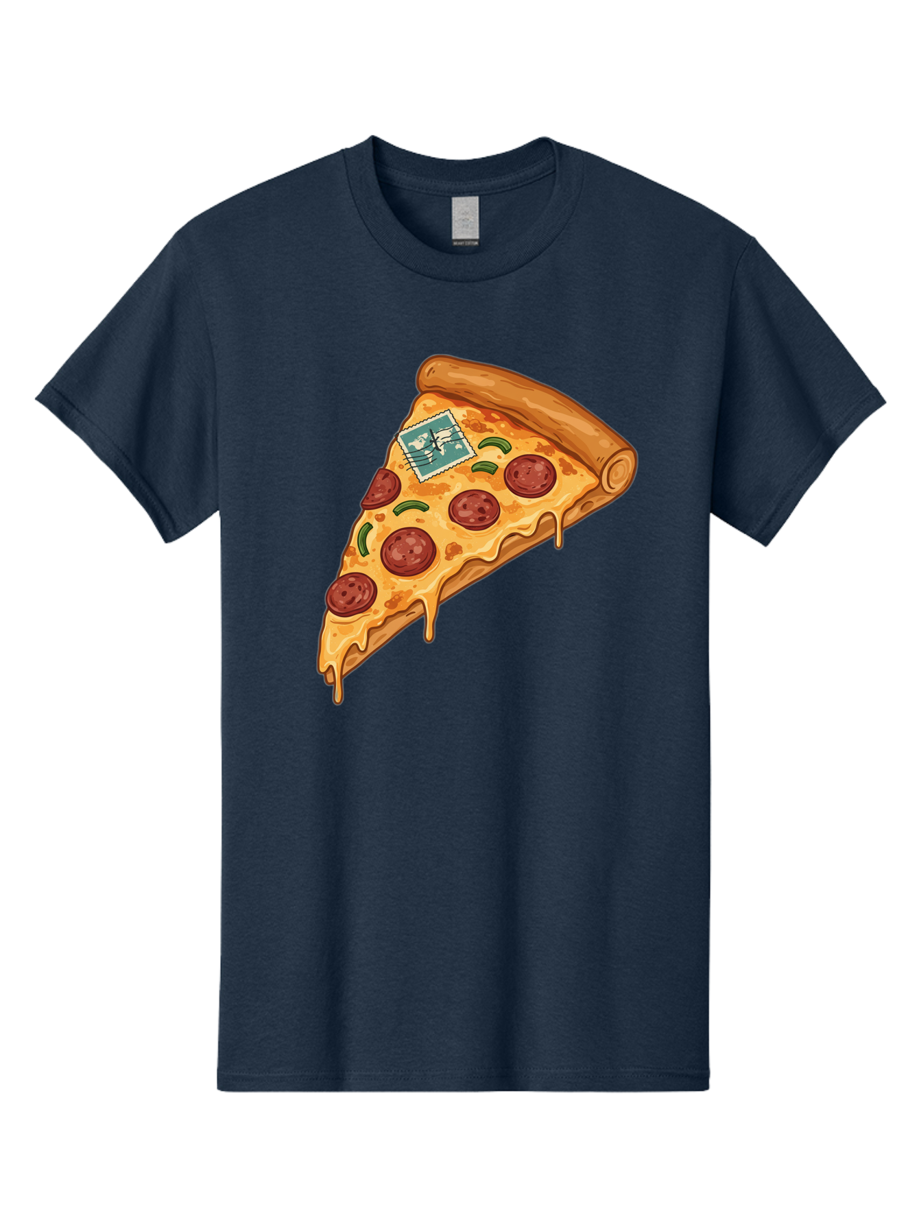 Pizza-Slice-With-Stamp Men'S Graphic Tee, 100% Cotton, Comfortable Casual Summer Wear, Machine Washable, Pizza Slice, Pepperoni Pizza, Cheese Pizza, Melted Cheese, Postage Stamp, Cartoon Food, Illustration, Tasty Food, Savory Dish, Bac311