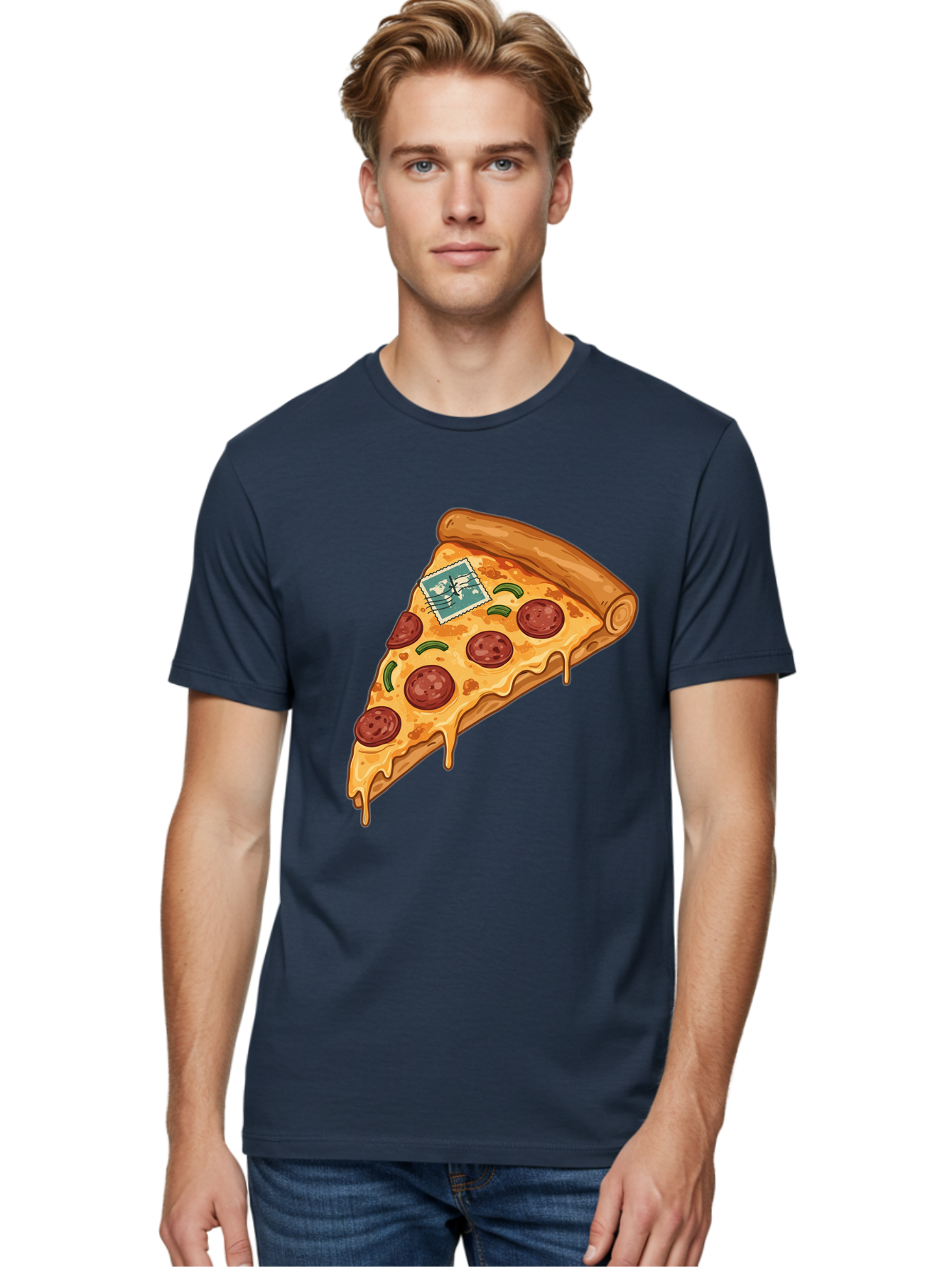 Pizza-Slice-With-Stamp Men'S Graphic Tee, 100% Cotton, Comfortable Casual Summer Wear, Machine Washable, Pizza Slice, Pepperoni Pizza, Cheese Pizza, Melted Cheese, Postage Stamp, Cartoon Food, Illustration, Tasty Food, Savory Dish, Bac311
