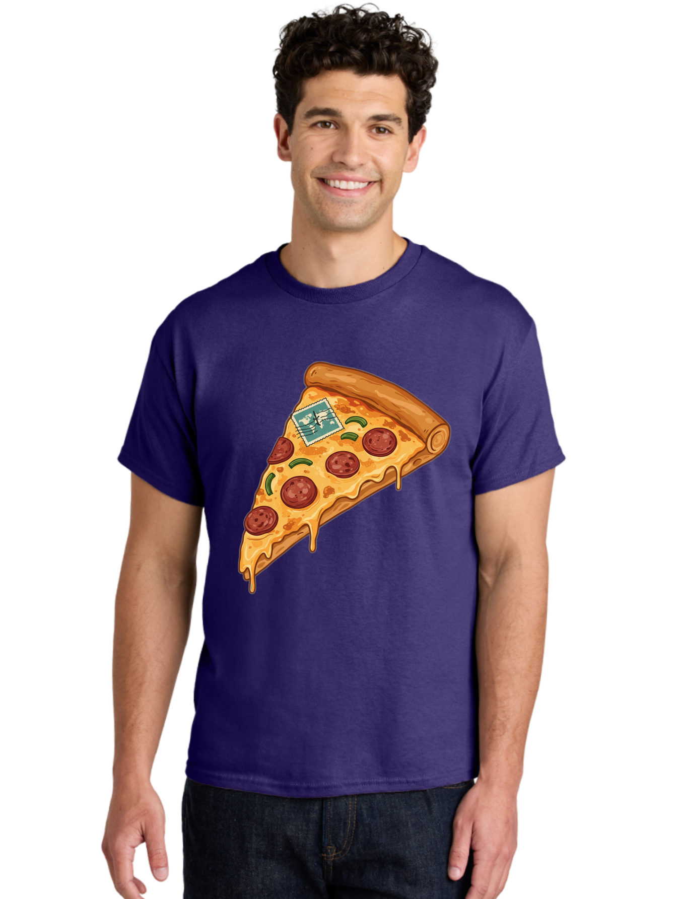 Pizza-Slice-With-Stamp Men'S Graphic Tee, 100% Cotton, Comfortable Casual Summer Wear, Machine Washable, Pizza Slice, Pepperoni Pizza, Cheese Pizza, Melted Cheese, Postage Stamp, Cartoon Food, Illustration, Tasty Food, Savory Dish, Bac311
