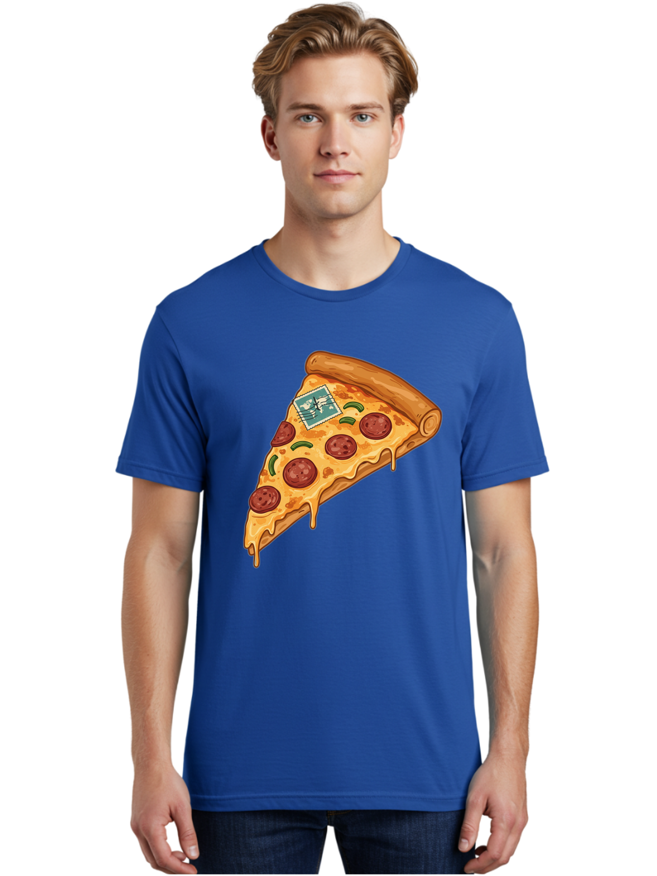 Pizza-Slice-With-Stamp Men'S Graphic Tee, 100% Cotton, Comfortable Casual Summer Wear, Machine Washable, Pizza Slice, Pepperoni Pizza, Cheese Pizza, Melted Cheese, Postage Stamp, Cartoon Food, Illustration, Tasty Food, Savory Dish, Bac311