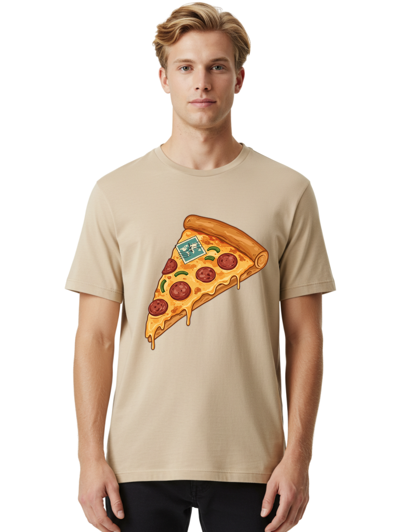 Pizza-Slice-With-Stamp Men'S Graphic Tee, 100% Cotton, Comfortable Casual Summer Wear, Machine Washable, Pizza Slice, Pepperoni Pizza, Cheese Pizza, Melted Cheese, Postage Stamp, Cartoon Food, Illustration, Tasty Food, Savory Dish, Bac311