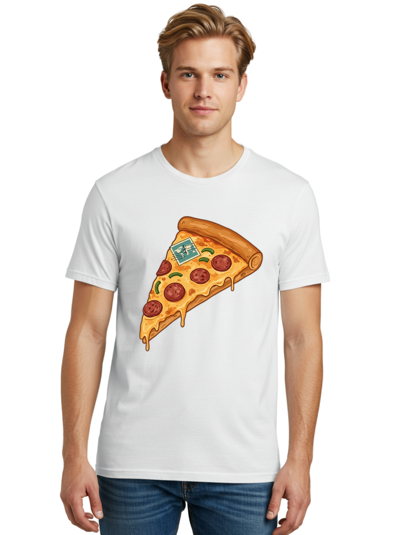 Pizza-Slice-With-Stamp Men'S Graphic Tee, 100% Cotton, Comfortable Casual Summer Wear, Machine Washable, Pizza Slice, Pepperoni Pizza, Cheese Pizza, Melted Cheese, Postage Stamp, Cartoon Food, Illustration, Tasty Food, Savory Dish, Bac311