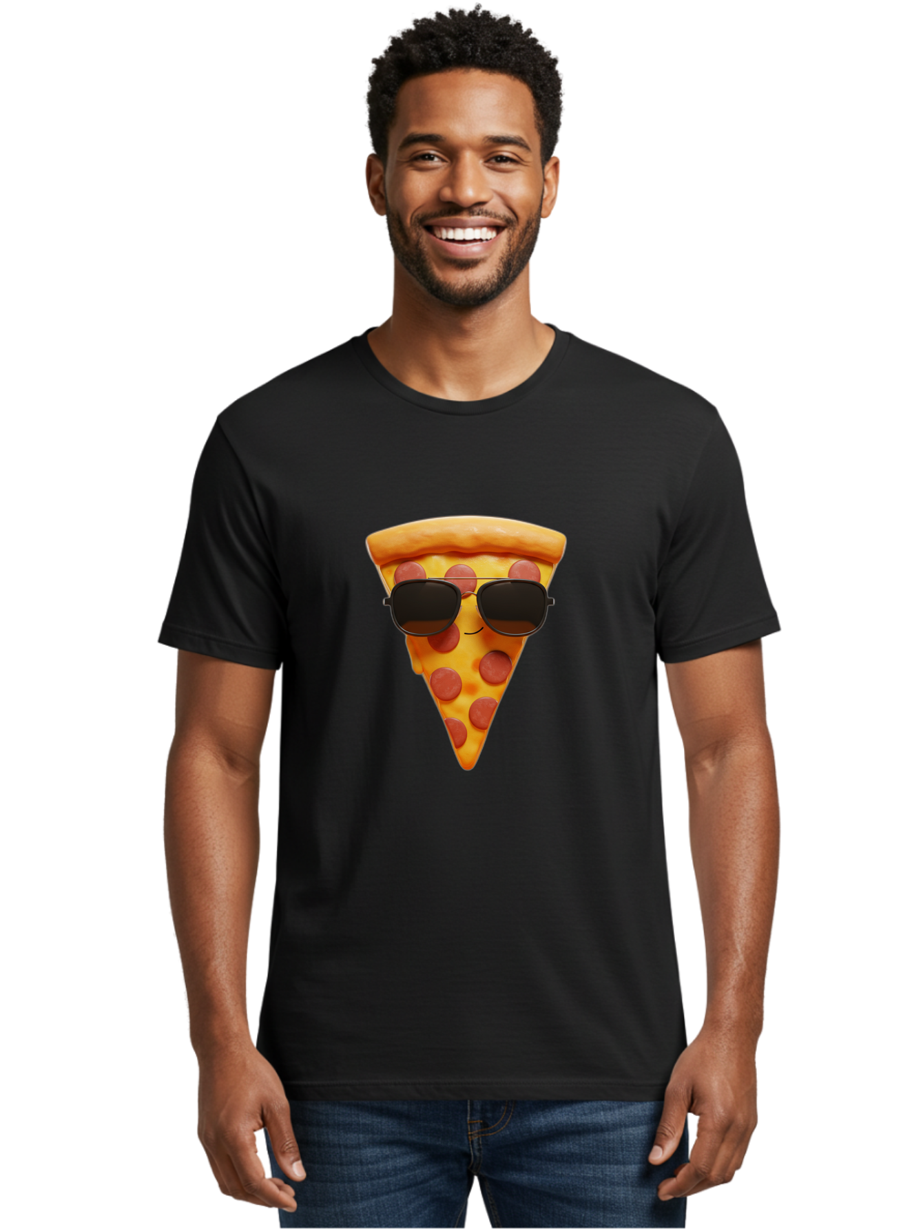 Pizza-Slice-With-Sunglasses-1 Men'S Graphic Tee, 100% Cotton, Comfortable Casual Summer Wear, Machine Washable, Pepperoni Pizza Slice, Cool Pizza, Sunglasses, Smiley Face, Cartoon Character, Funny Food, Playful Illustration, Casual Dining, Bac312