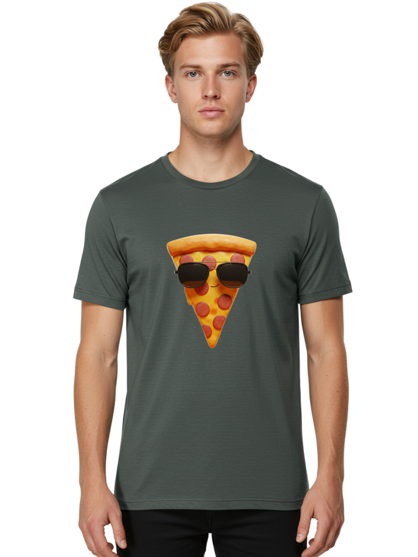 Pizza-Slice-With-Sunglasses-1 Men'S Graphic Tee, 100% Cotton, Comfortable Casual Summer Wear, Machine Washable, Pepperoni Pizza Slice, Cool Pizza, Sunglasses, Smiley Face, Cartoon Character, Funny Food, Playful Illustration, Casual Dining, Bac312
