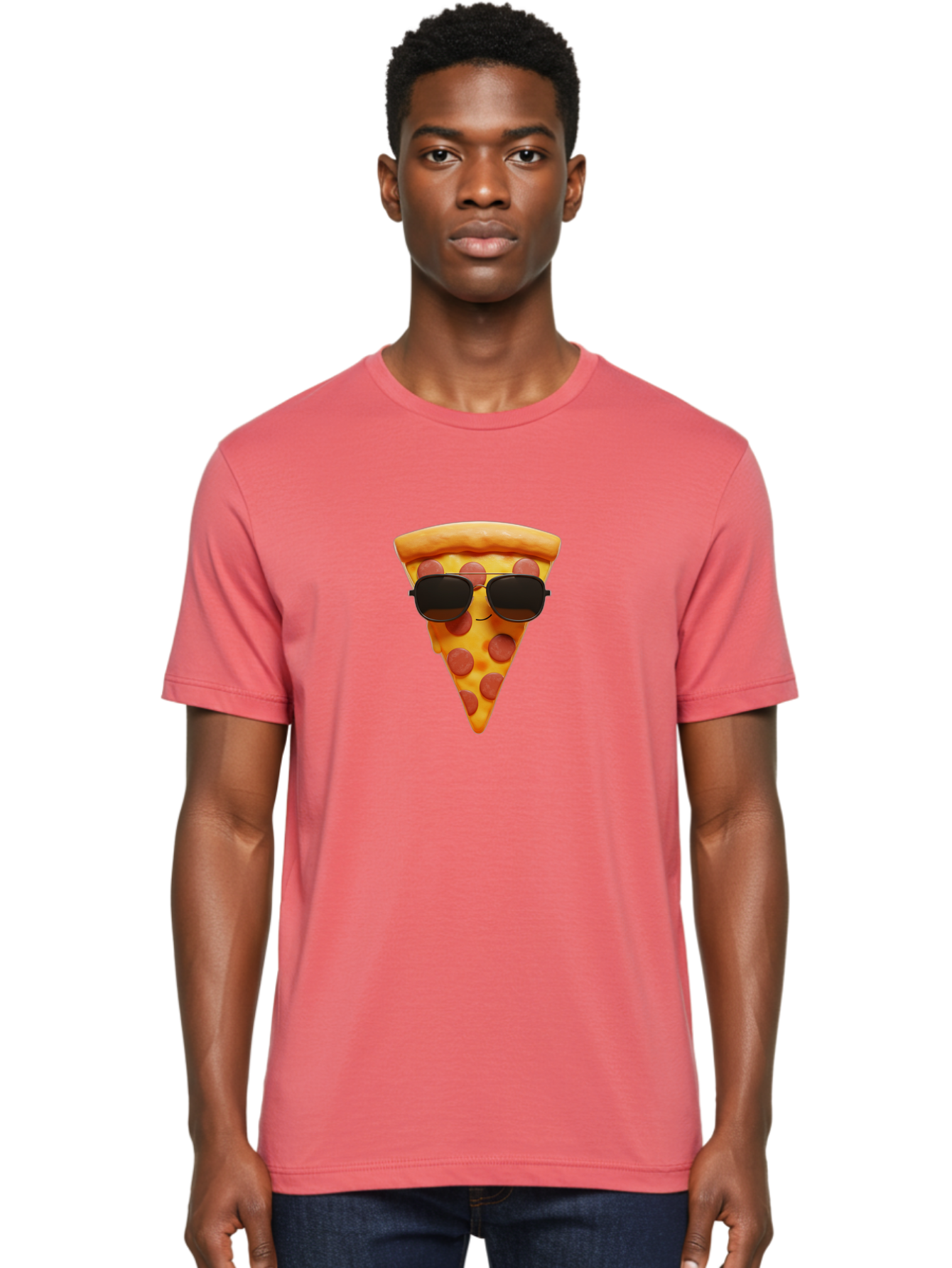 Pizza-Slice-With-Sunglasses-1 Men'S Graphic Tee, 100% Cotton, Comfortable Casual Summer Wear, Machine Washable, Pepperoni Pizza Slice, Cool Pizza, Sunglasses, Smiley Face, Cartoon Character, Funny Food, Playful Illustration, Casual Dining, Bac312