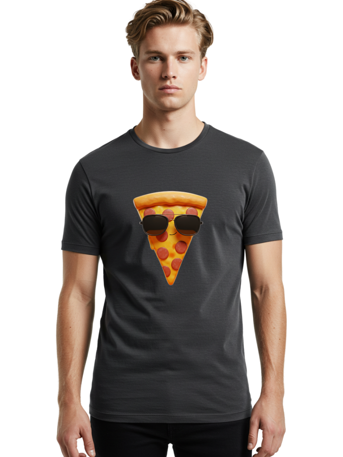 Pizza-Slice-With-Sunglasses-1 Men'S Graphic Tee, 100% Cotton, Comfortable Casual Summer Wear, Machine Washable, Pepperoni Pizza Slice, Cool Pizza, Sunglasses, Smiley Face, Cartoon Character, Funny Food, Playful Illustration, Casual Dining, Bac312