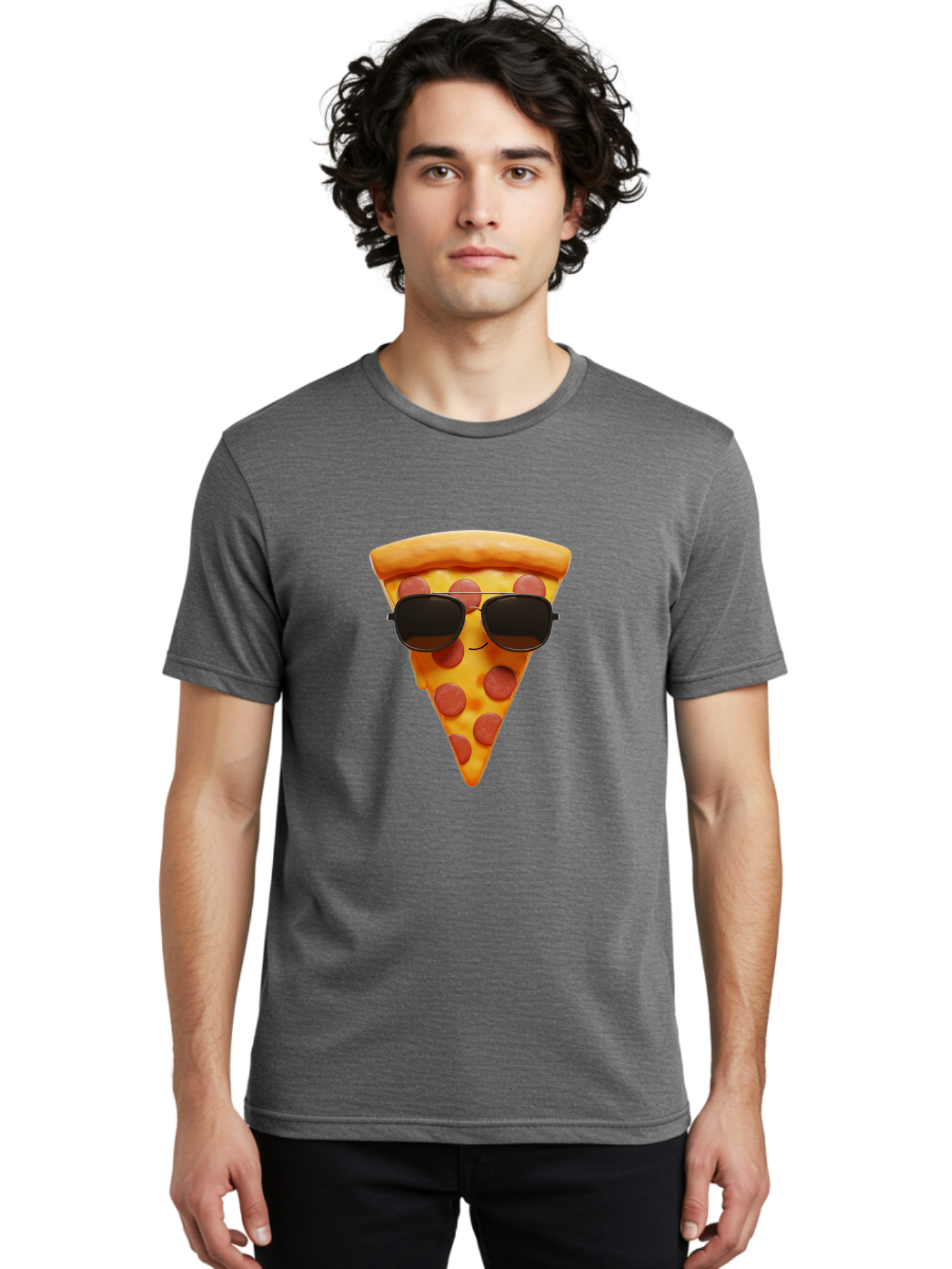 Pizza-Slice-With-Sunglasses-1 Men'S Graphic Tee, 100% Cotton, Comfortable Casual Summer Wear, Machine Washable, Pepperoni Pizza Slice, Cool Pizza, Sunglasses, Smiley Face, Cartoon Character, Funny Food, Playful Illustration, Casual Dining, Bac312