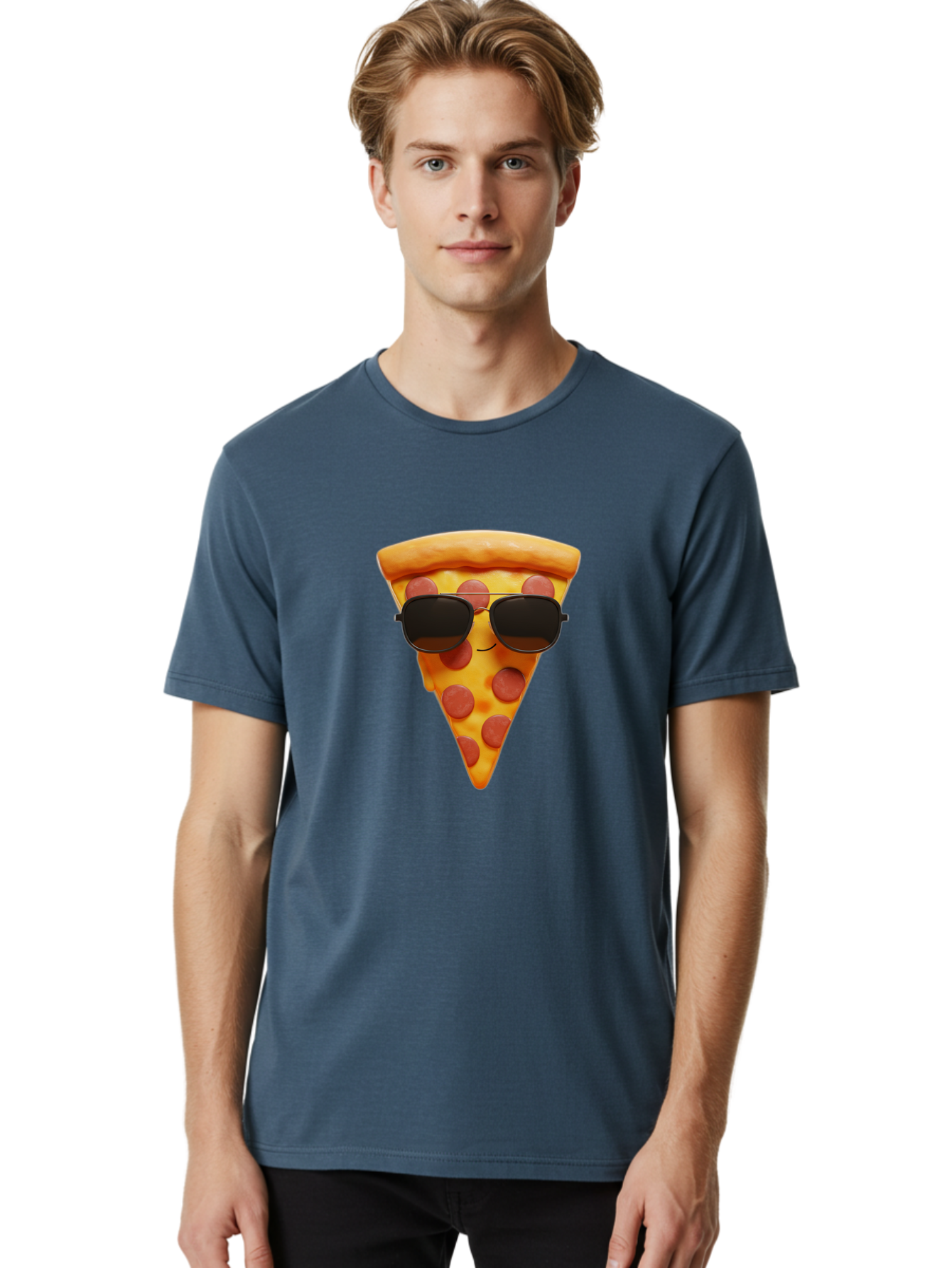 Pizza-Slice-With-Sunglasses-1 Men'S Graphic Tee, 100% Cotton, Comfortable Casual Summer Wear, Machine Washable, Pepperoni Pizza Slice, Cool Pizza, Sunglasses, Smiley Face, Cartoon Character, Funny Food, Playful Illustration, Casual Dining, Bac312