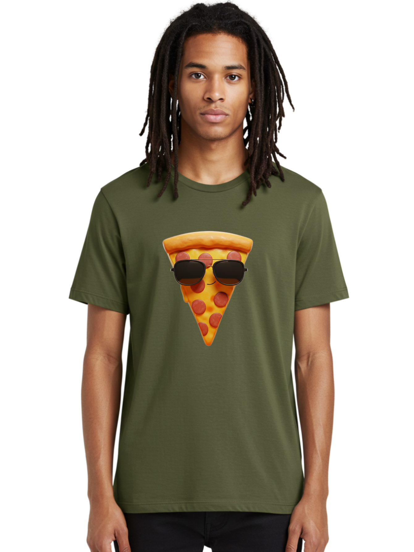 Pizza-Slice-With-Sunglasses-1 Men'S Graphic Tee, 100% Cotton, Comfortable Casual Summer Wear, Machine Washable, Pepperoni Pizza Slice, Cool Pizza, Sunglasses, Smiley Face, Cartoon Character, Funny Food, Playful Illustration, Casual Dining, Bac312