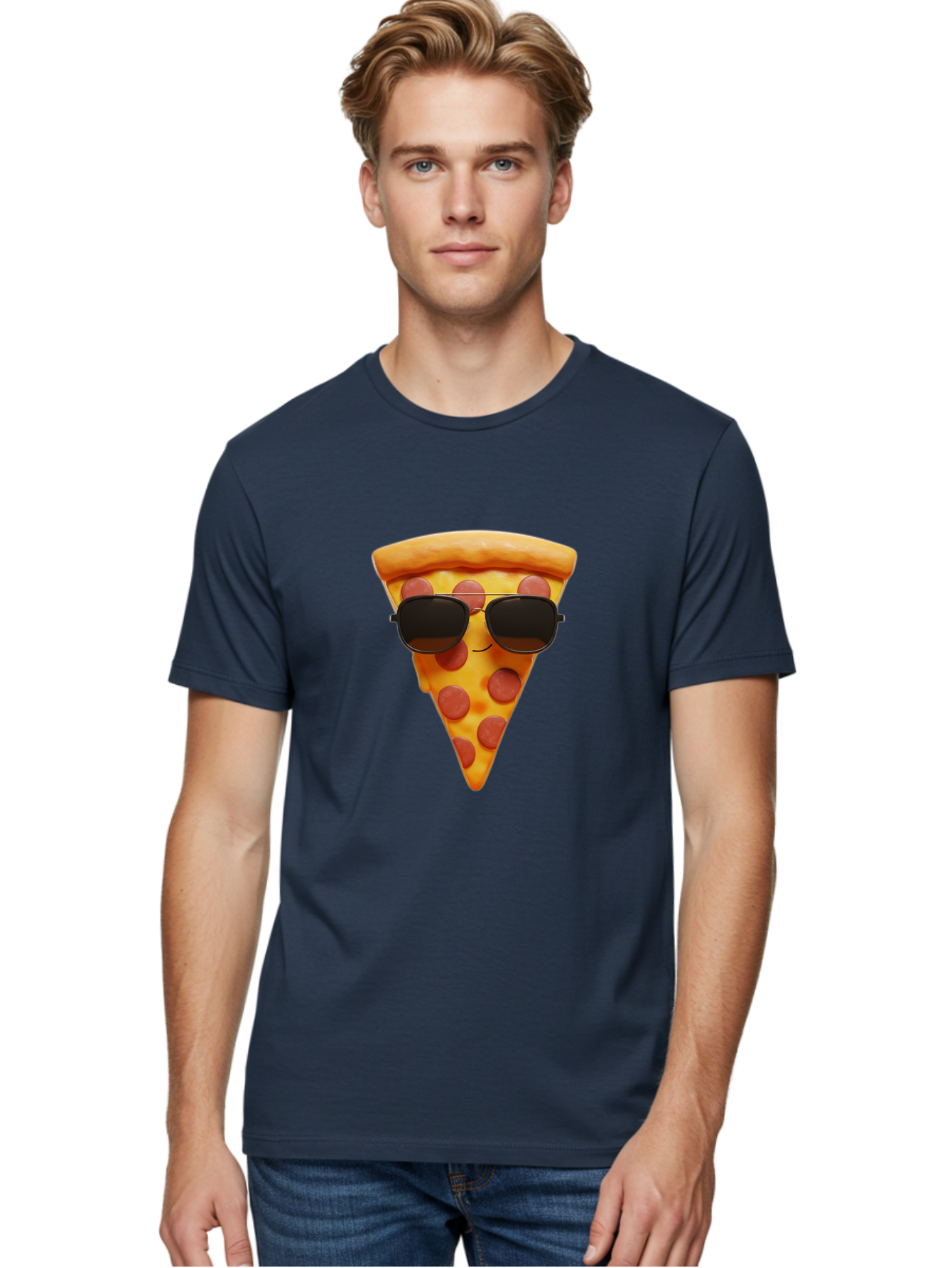 Pizza-Slice-With-Sunglasses-1 Men'S Graphic Tee, 100% Cotton, Comfortable Casual Summer Wear, Machine Washable, Pepperoni Pizza Slice, Cool Pizza, Sunglasses, Smiley Face, Cartoon Character, Funny Food, Playful Illustration, Casual Dining, Bac312