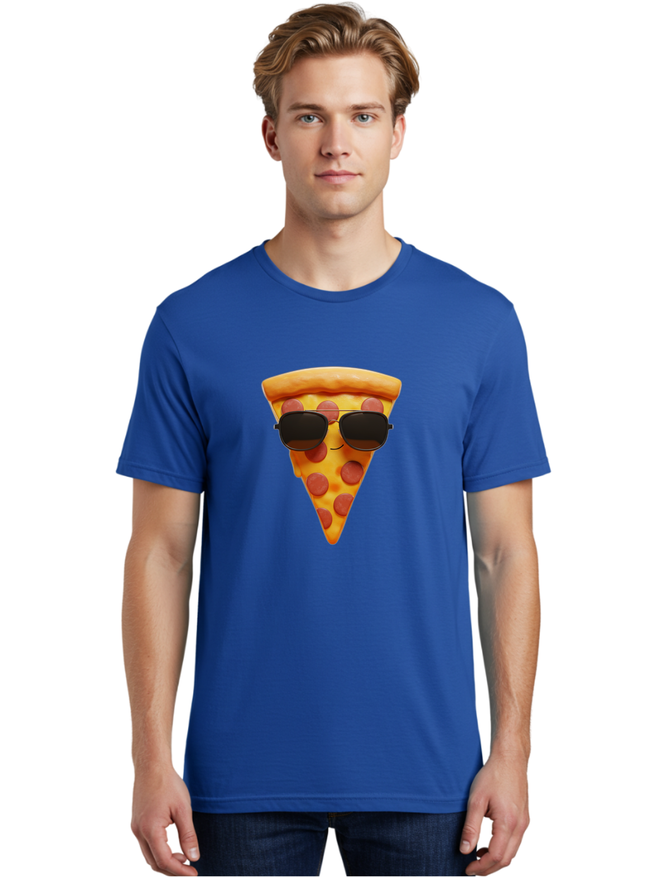 Pizza-Slice-With-Sunglasses-1 Men'S Graphic Tee, 100% Cotton, Comfortable Casual Summer Wear, Machine Washable, Pepperoni Pizza Slice, Cool Pizza, Sunglasses, Smiley Face, Cartoon Character, Funny Food, Playful Illustration, Casual Dining, Bac312