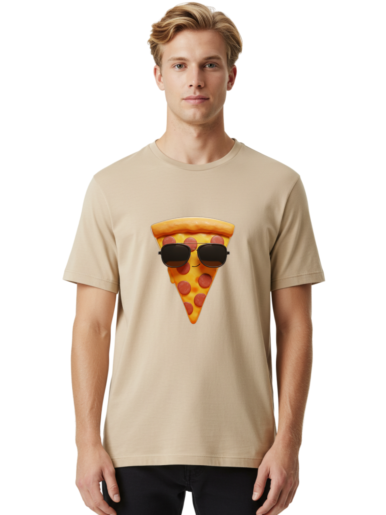 Pizza-Slice-With-Sunglasses-1 Men'S Graphic Tee, 100% Cotton, Comfortable Casual Summer Wear, Machine Washable, Pepperoni Pizza Slice, Cool Pizza, Sunglasses, Smiley Face, Cartoon Character, Funny Food, Playful Illustration, Casual Dining, Bac312
