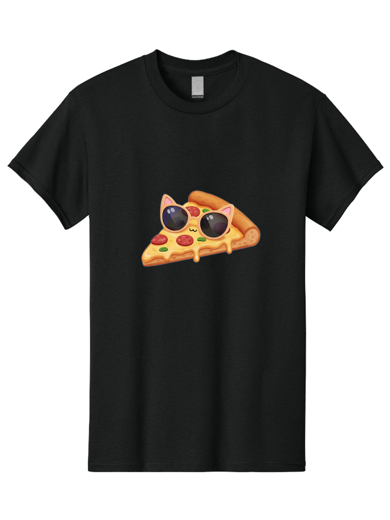Pizza-Slice-With-Sunglasses-2 Men'S Graphic Tee, 100% Cotton, Comfortable Casual Summer Wear, Machine Washable, Pizza Slice Character, Cat Ears, Sunglasses, Pepperoni Pizza, Cheese Melting, Cartoon Style, Fun Design, Kawaii Art Bac313