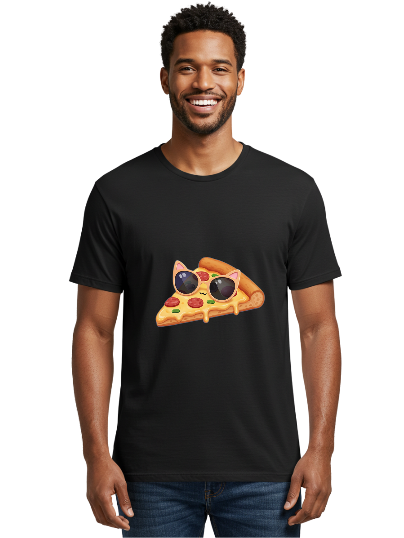 Pizza-Slice-With-Sunglasses-2 Men'S Graphic Tee, 100% Cotton, Comfortable Casual Summer Wear, Machine Washable, Pizza Slice Character, Cat Ears, Sunglasses, Pepperoni Pizza, Cheese Melting, Cartoon Style, Fun Design, Kawaii Art Bac313