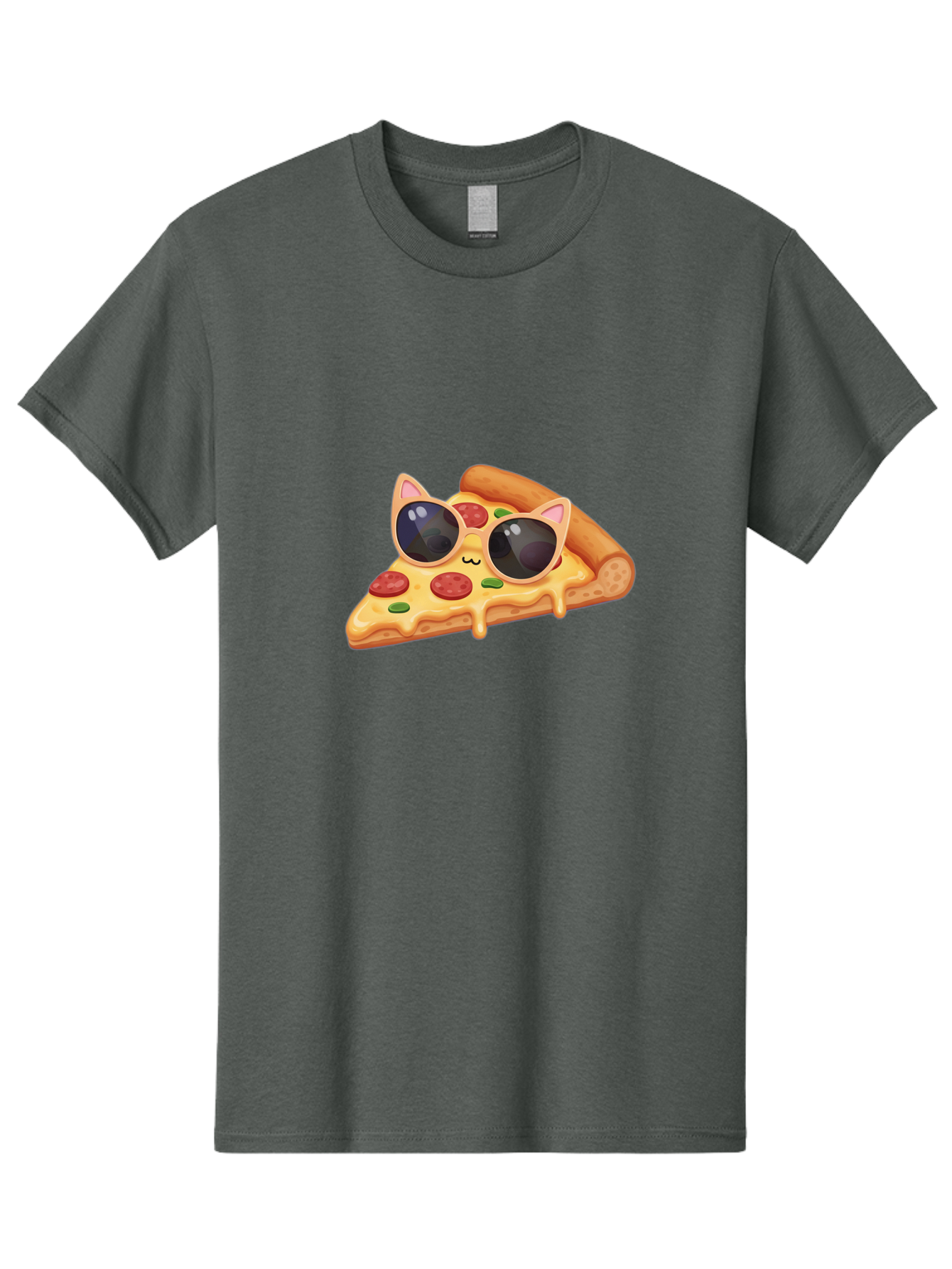 Pizza-Slice-With-Sunglasses-2 Men'S Graphic Tee, 100% Cotton, Comfortable Casual Summer Wear, Machine Washable, Pizza Slice Character, Cat Ears, Sunglasses, Pepperoni Pizza, Cheese Melting, Cartoon Style, Fun Design, Kawaii Art Bac313