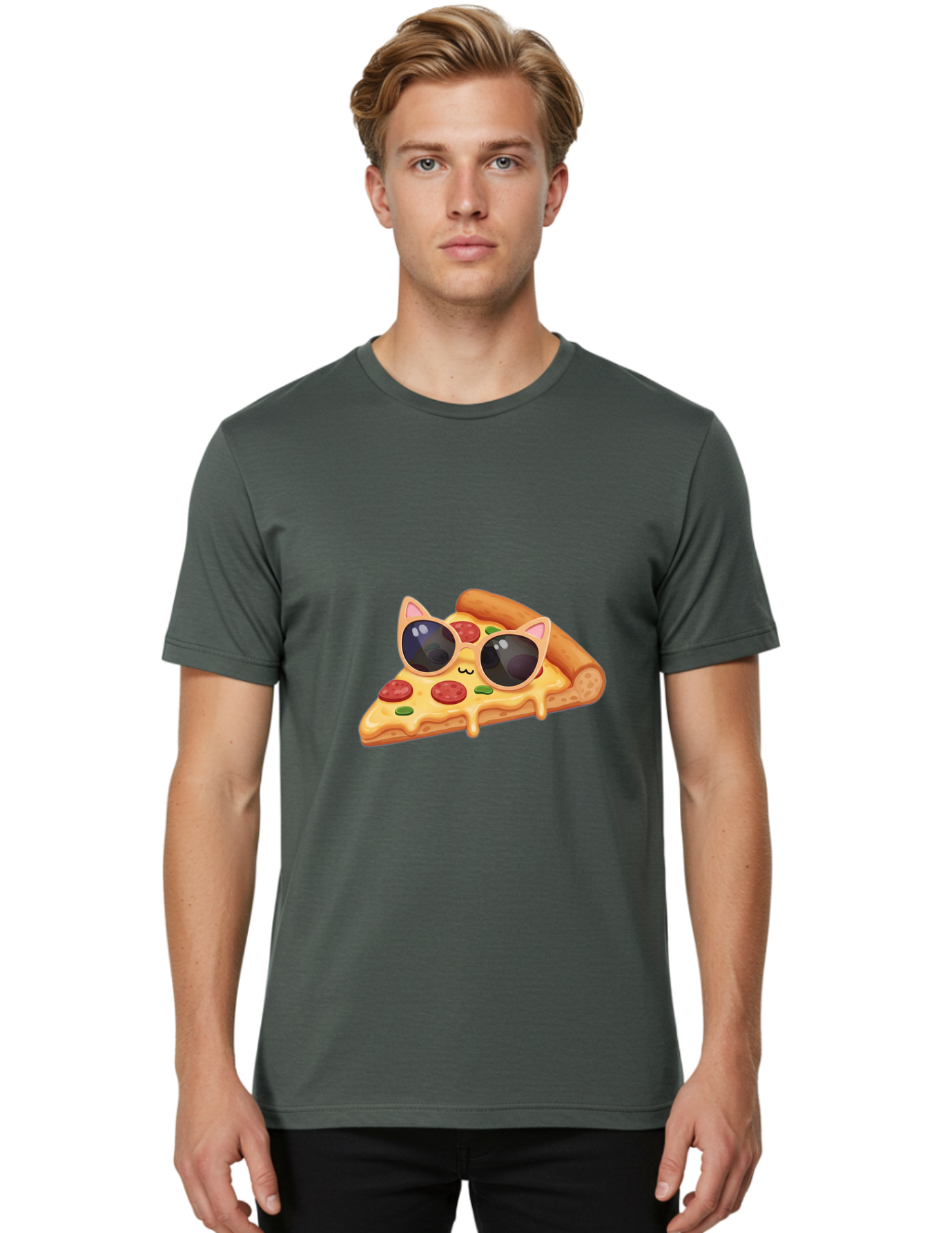Pizza-Slice-With-Sunglasses-2 Men'S Graphic Tee, 100% Cotton, Comfortable Casual Summer Wear, Machine Washable, Pizza Slice Character, Cat Ears, Sunglasses, Pepperoni Pizza, Cheese Melting, Cartoon Style, Fun Design, Kawaii Art Bac313