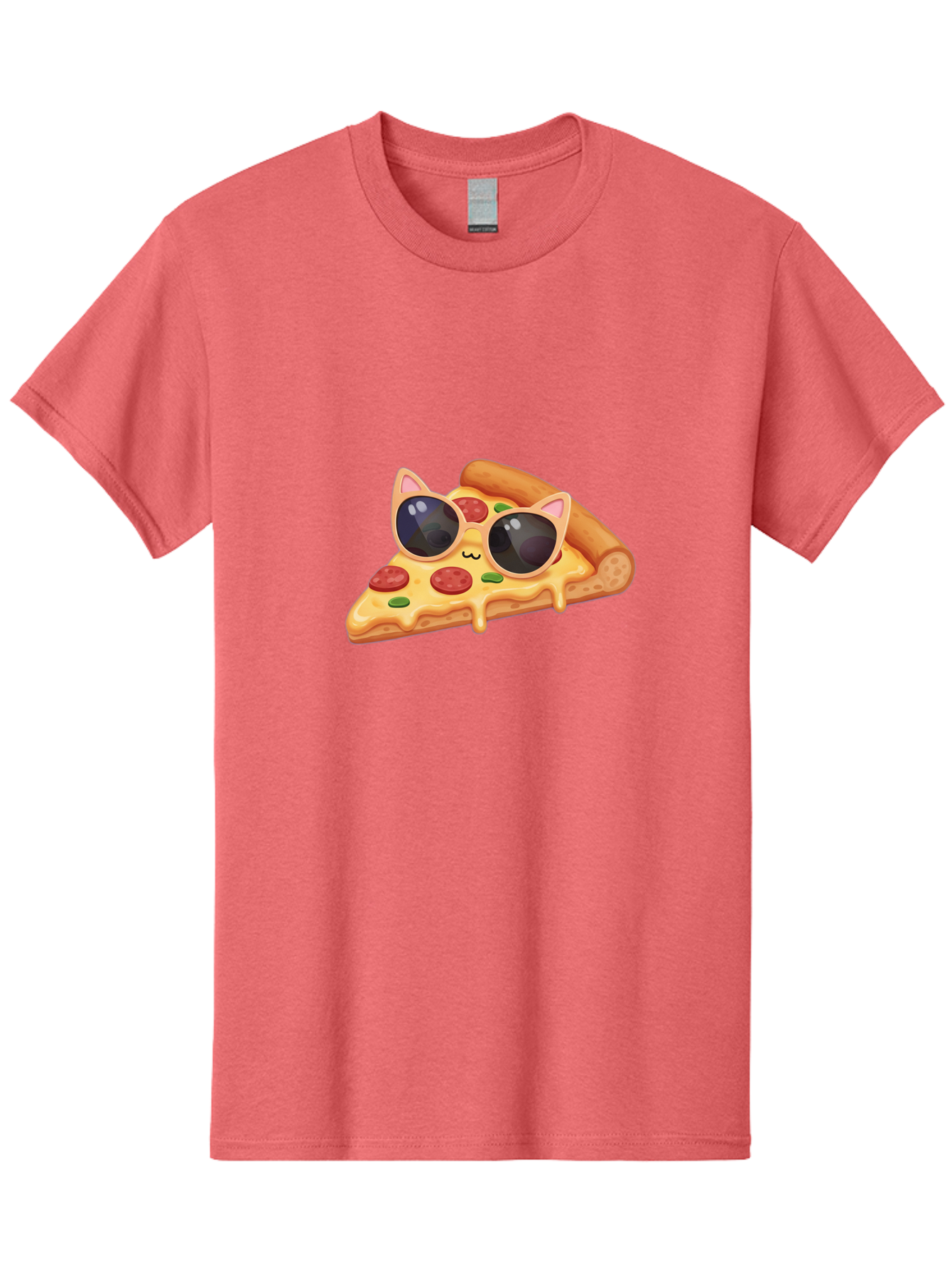 Pizza-Slice-With-Sunglasses-2 Men'S Graphic Tee, 100% Cotton, Comfortable Casual Summer Wear, Machine Washable, Pizza Slice Character, Cat Ears, Sunglasses, Pepperoni Pizza, Cheese Melting, Cartoon Style, Fun Design, Kawaii Art Bac313