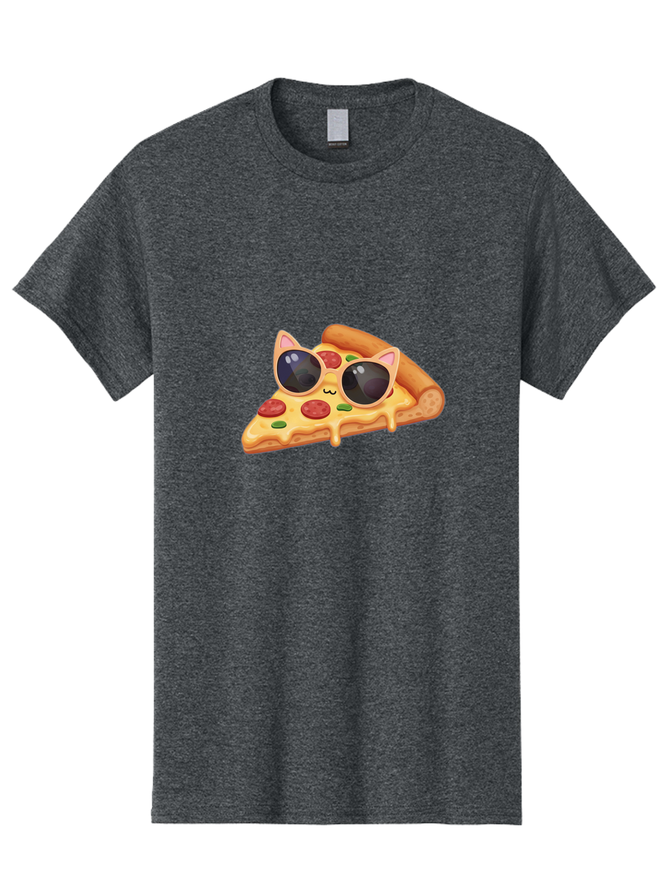 Pizza-Slice-With-Sunglasses-2 Men'S Graphic Tee, 100% Cotton, Comfortable Casual Summer Wear, Machine Washable, Pizza Slice Character, Cat Ears, Sunglasses, Pepperoni Pizza, Cheese Melting, Cartoon Style, Fun Design, Kawaii Art Bac313