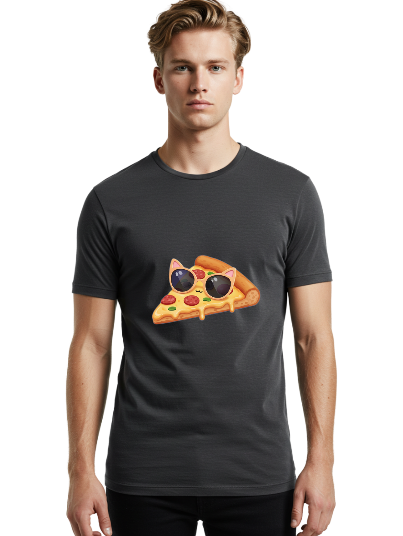 Pizza-Slice-With-Sunglasses-2 Men'S Graphic Tee, 100% Cotton, Comfortable Casual Summer Wear, Machine Washable, Pizza Slice Character, Cat Ears, Sunglasses, Pepperoni Pizza, Cheese Melting, Cartoon Style, Fun Design, Kawaii Art Bac313