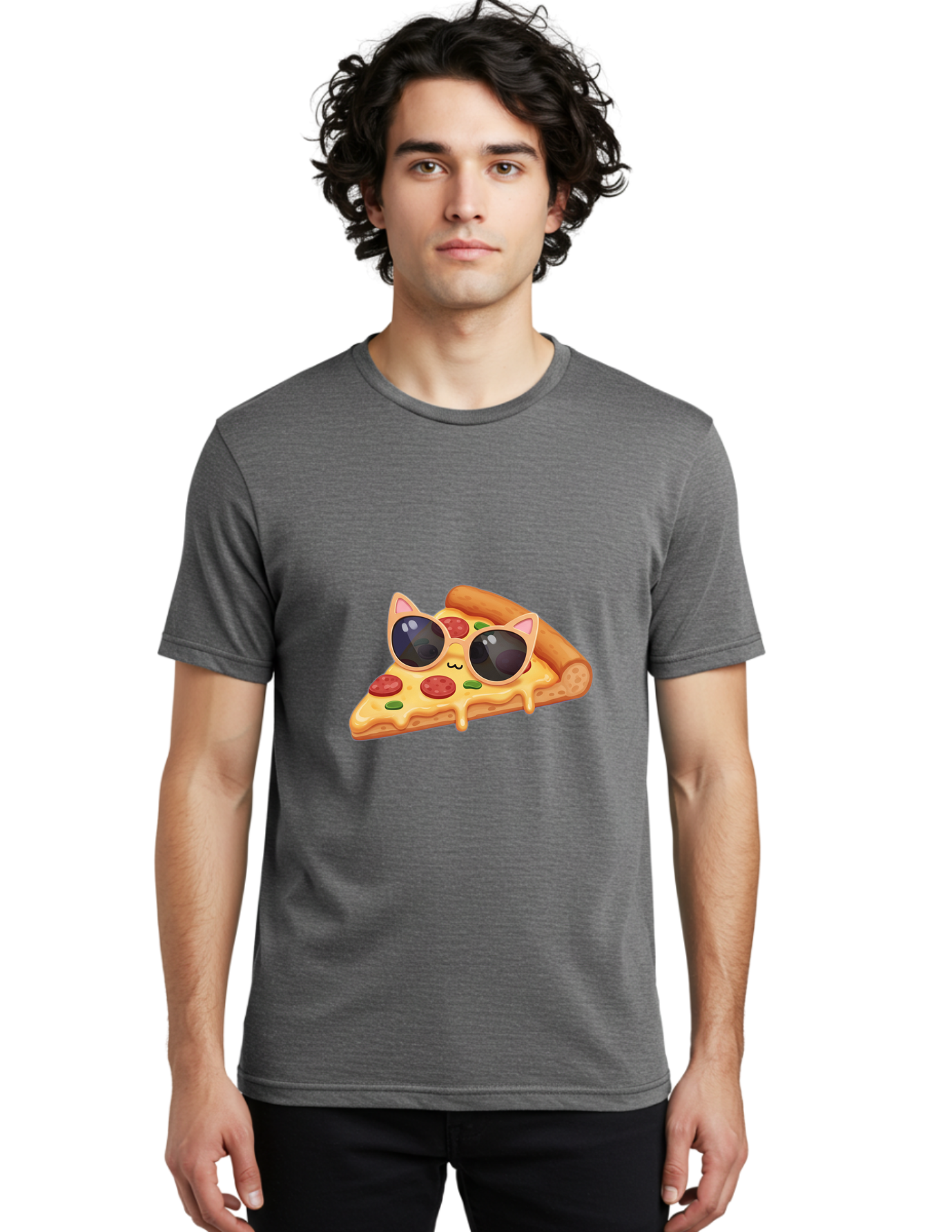 Pizza-Slice-With-Sunglasses-2 Men'S Graphic Tee, 100% Cotton, Comfortable Casual Summer Wear, Machine Washable, Pizza Slice Character, Cat Ears, Sunglasses, Pepperoni Pizza, Cheese Melting, Cartoon Style, Fun Design, Kawaii Art Bac313