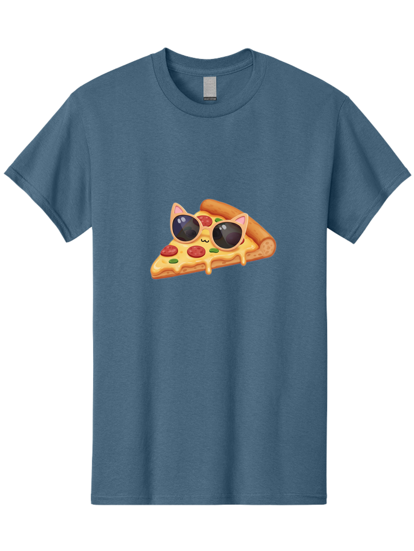 Pizza-Slice-With-Sunglasses-2 Men'S Graphic Tee, 100% Cotton, Comfortable Casual Summer Wear, Machine Washable, Pizza Slice Character, Cat Ears, Sunglasses, Pepperoni Pizza, Cheese Melting, Cartoon Style, Fun Design, Kawaii Art Bac313