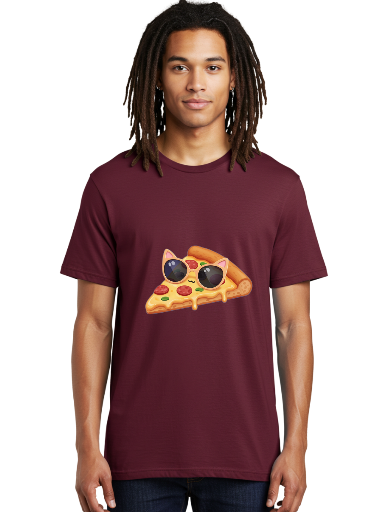 Pizza-Slice-With-Sunglasses-2 Men'S Graphic Tee, 100% Cotton, Comfortable Casual Summer Wear, Machine Washable, Pizza Slice Character, Cat Ears, Sunglasses, Pepperoni Pizza, Cheese Melting, Cartoon Style, Fun Design, Kawaii Art Bac313