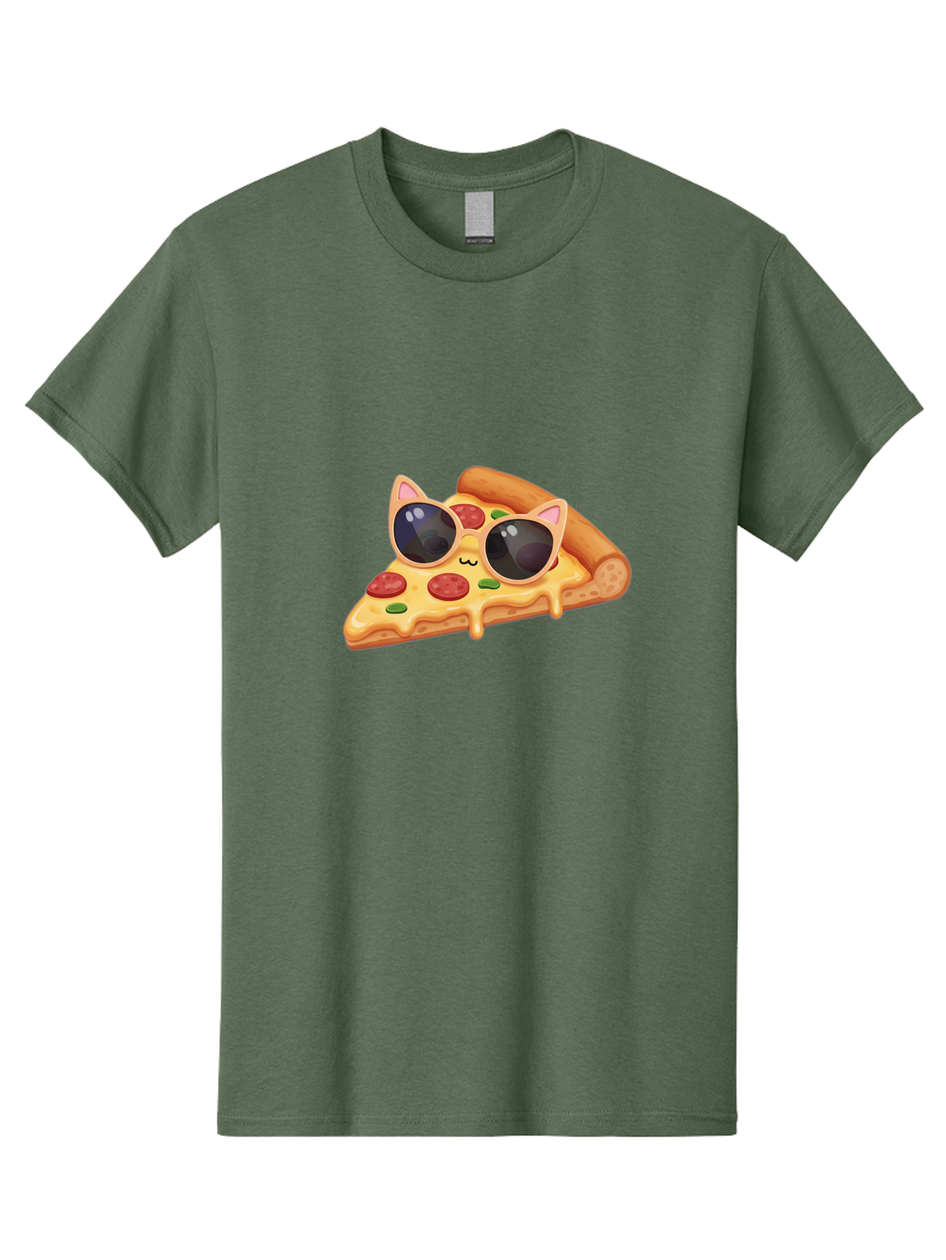 Pizza-Slice-With-Sunglasses-2 Men'S Graphic Tee, 100% Cotton, Comfortable Casual Summer Wear, Machine Washable, Pizza Slice Character, Cat Ears, Sunglasses, Pepperoni Pizza, Cheese Melting, Cartoon Style, Fun Design, Kawaii Art Bac313