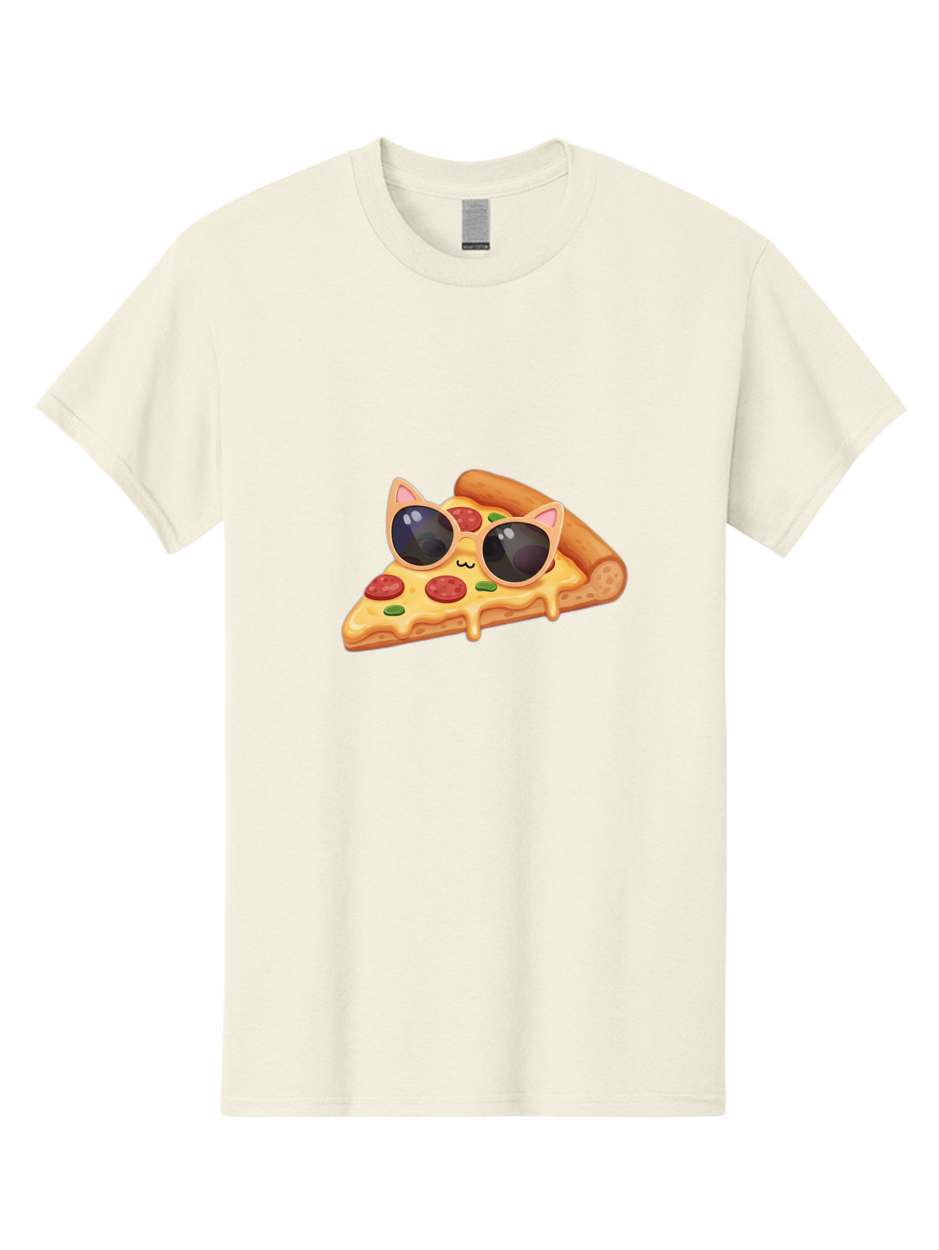 Pizza-Slice-With-Sunglasses-2 Men'S Graphic Tee, 100% Cotton, Comfortable Casual Summer Wear, Machine Washable, Pizza Slice Character, Cat Ears, Sunglasses, Pepperoni Pizza, Cheese Melting, Cartoon Style, Fun Design, Kawaii Art Bac313