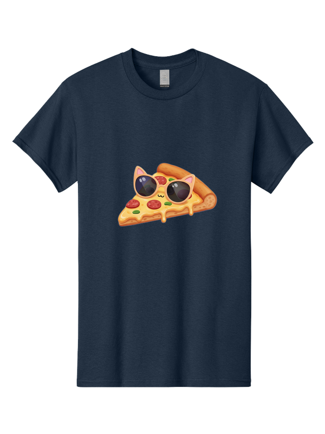 Pizza-Slice-With-Sunglasses-2 Men'S Graphic Tee, 100% Cotton, Comfortable Casual Summer Wear, Machine Washable, Pizza Slice Character, Cat Ears, Sunglasses, Pepperoni Pizza, Cheese Melting, Cartoon Style, Fun Design, Kawaii Art Bac313