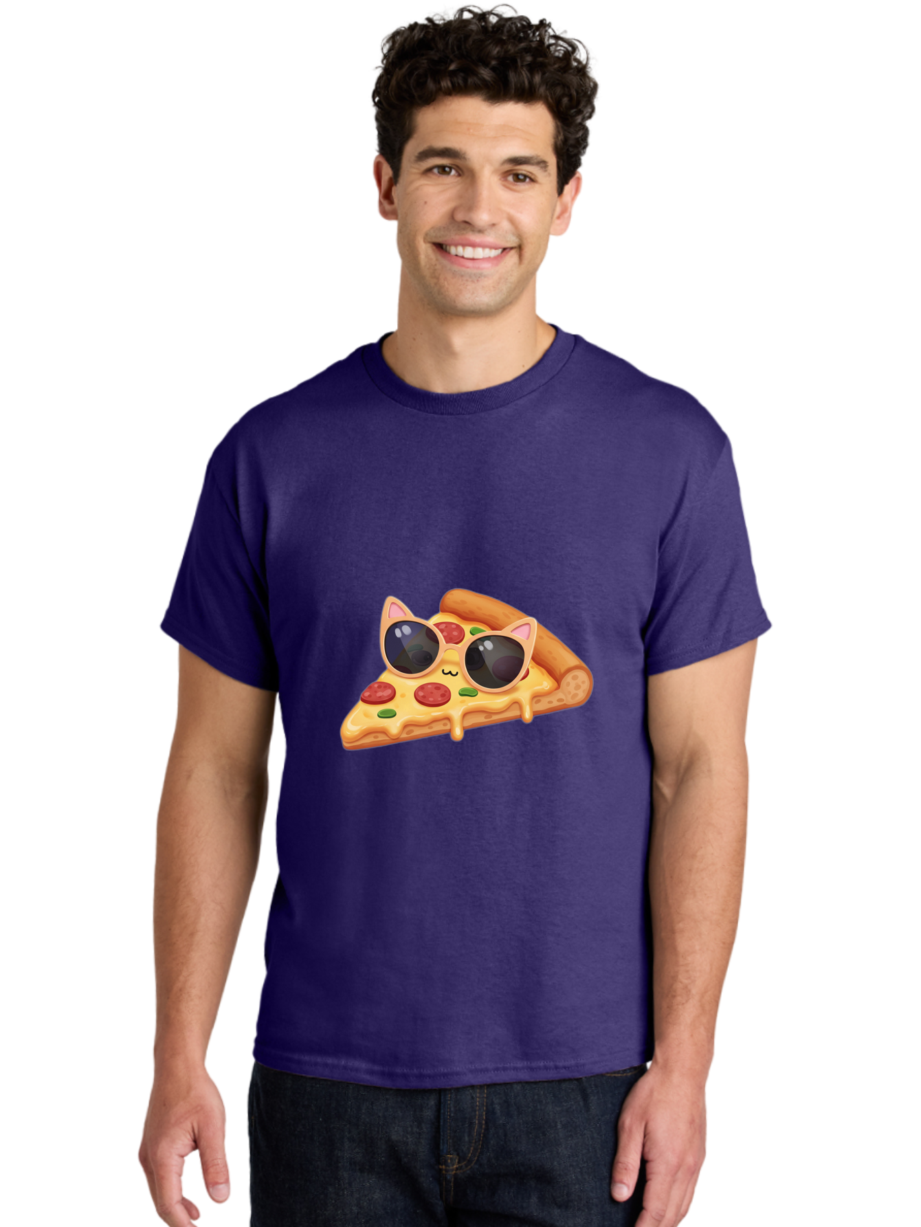 Pizza-Slice-With-Sunglasses-2 Men'S Graphic Tee, 100% Cotton, Comfortable Casual Summer Wear, Machine Washable, Pizza Slice Character, Cat Ears, Sunglasses, Pepperoni Pizza, Cheese Melting, Cartoon Style, Fun Design, Kawaii Art Bac313