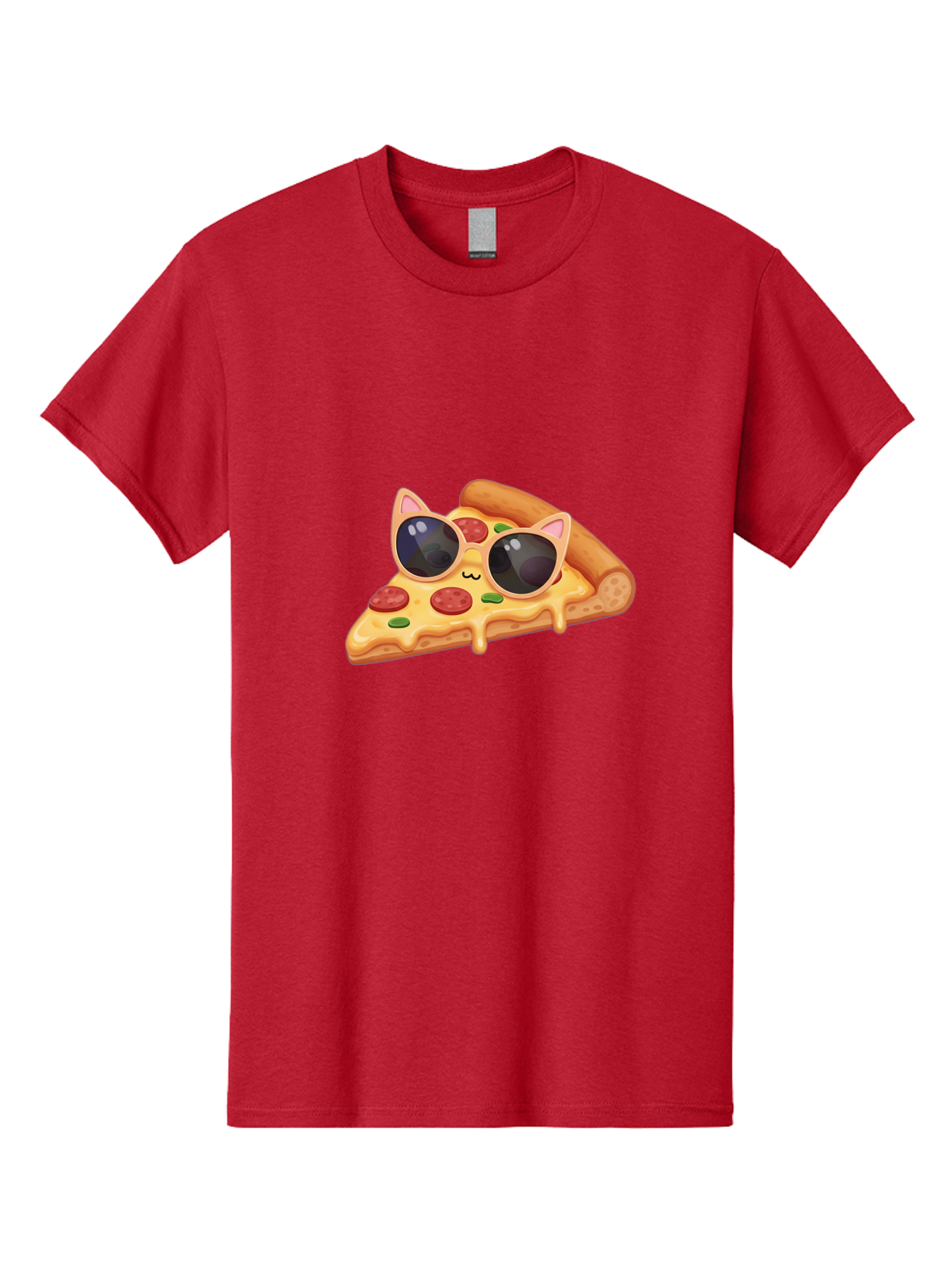 Pizza-Slice-With-Sunglasses-2 Men'S Graphic Tee, 100% Cotton, Comfortable Casual Summer Wear, Machine Washable, Pizza Slice Character, Cat Ears, Sunglasses, Pepperoni Pizza, Cheese Melting, Cartoon Style, Fun Design, Kawaii Art Bac313
