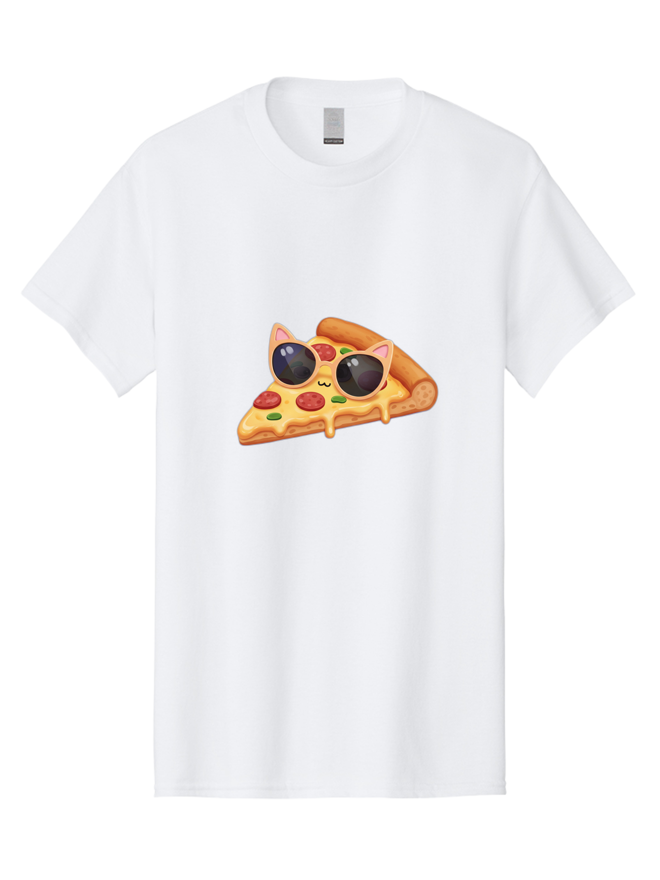 Pizza-Slice-With-Sunglasses-2 Men'S Graphic Tee, 100% Cotton, Comfortable Casual Summer Wear, Machine Washable, Pizza Slice Character, Cat Ears, Sunglasses, Pepperoni Pizza, Cheese Melting, Cartoon Style, Fun Design, Kawaii Art Bac313