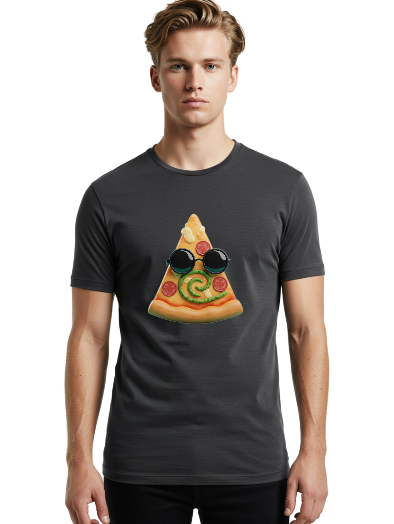 Pizza-Slice-With-Sunglasses-3 Men'S Graphic Tee, 100% Cotton, Comfortable Casual Summer Wear, Machine Washable, Funny Pizza, Cool Pizza Slice, Pepperoni Pizza, Melted Cheese, Pesto Swirl, Cute Food, Hipster Food, Casual Dining, Pizza Love, Bac314