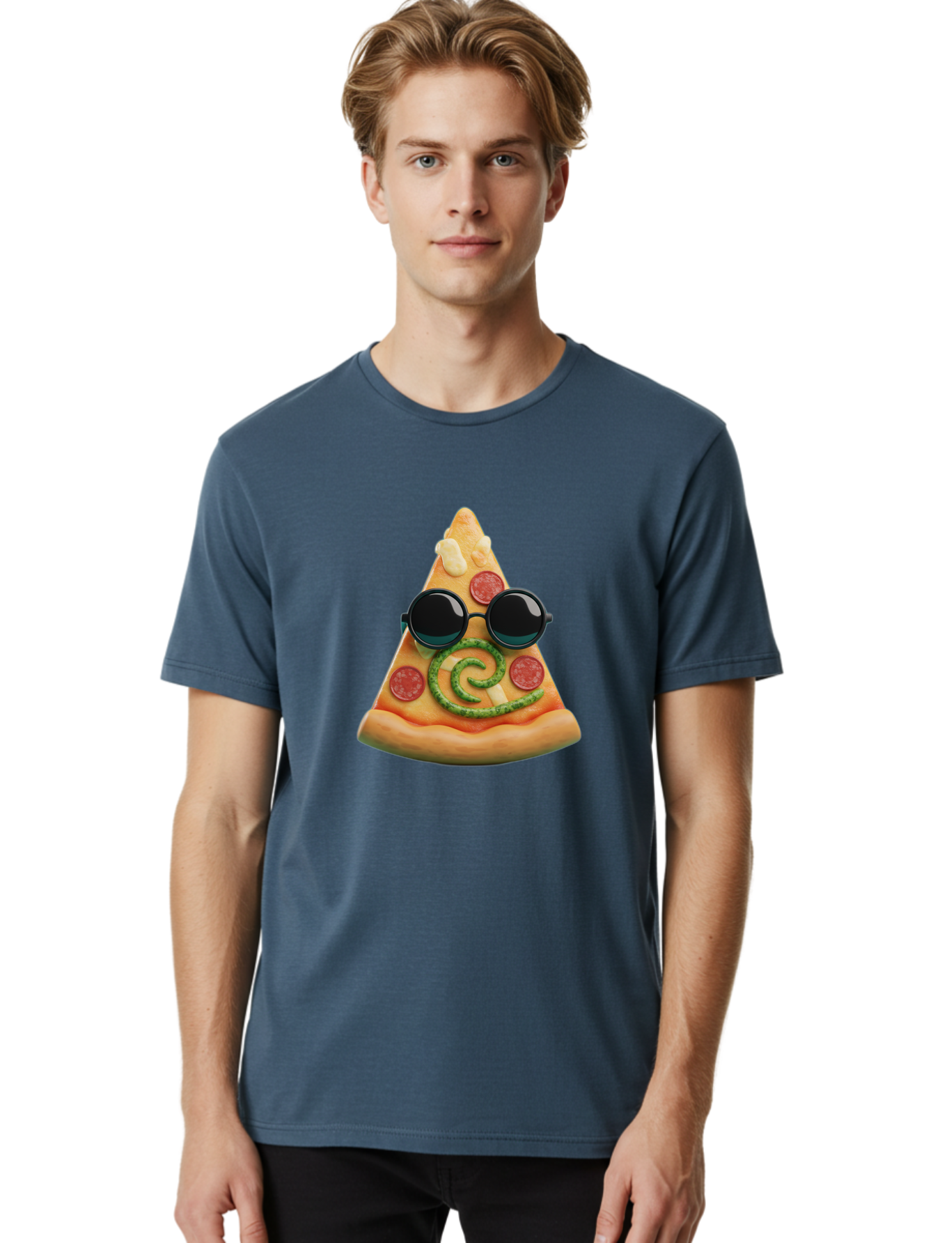 Pizza-Slice-With-Sunglasses-3 Men'S Graphic Tee, 100% Cotton, Comfortable Casual Summer Wear, Machine Washable, Funny Pizza, Cool Pizza Slice, Pepperoni Pizza, Melted Cheese, Pesto Swirl, Cute Food, Hipster Food, Casual Dining, Pizza Love, Bac314