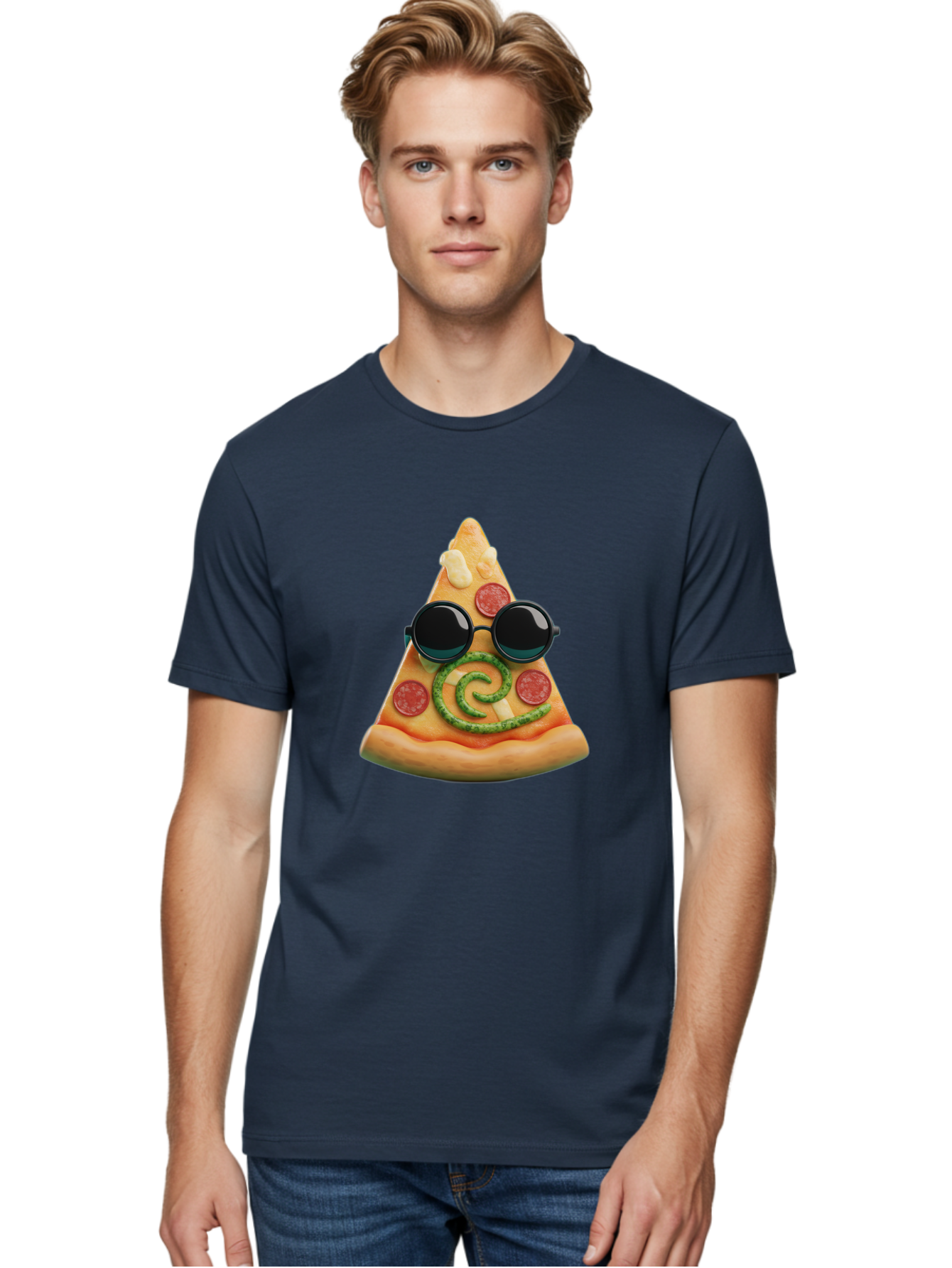 Pizza-Slice-With-Sunglasses-3 Men'S Graphic Tee, 100% Cotton, Comfortable Casual Summer Wear, Machine Washable, Funny Pizza, Cool Pizza Slice, Pepperoni Pizza, Melted Cheese, Pesto Swirl, Cute Food, Hipster Food, Casual Dining, Pizza Love, Bac314