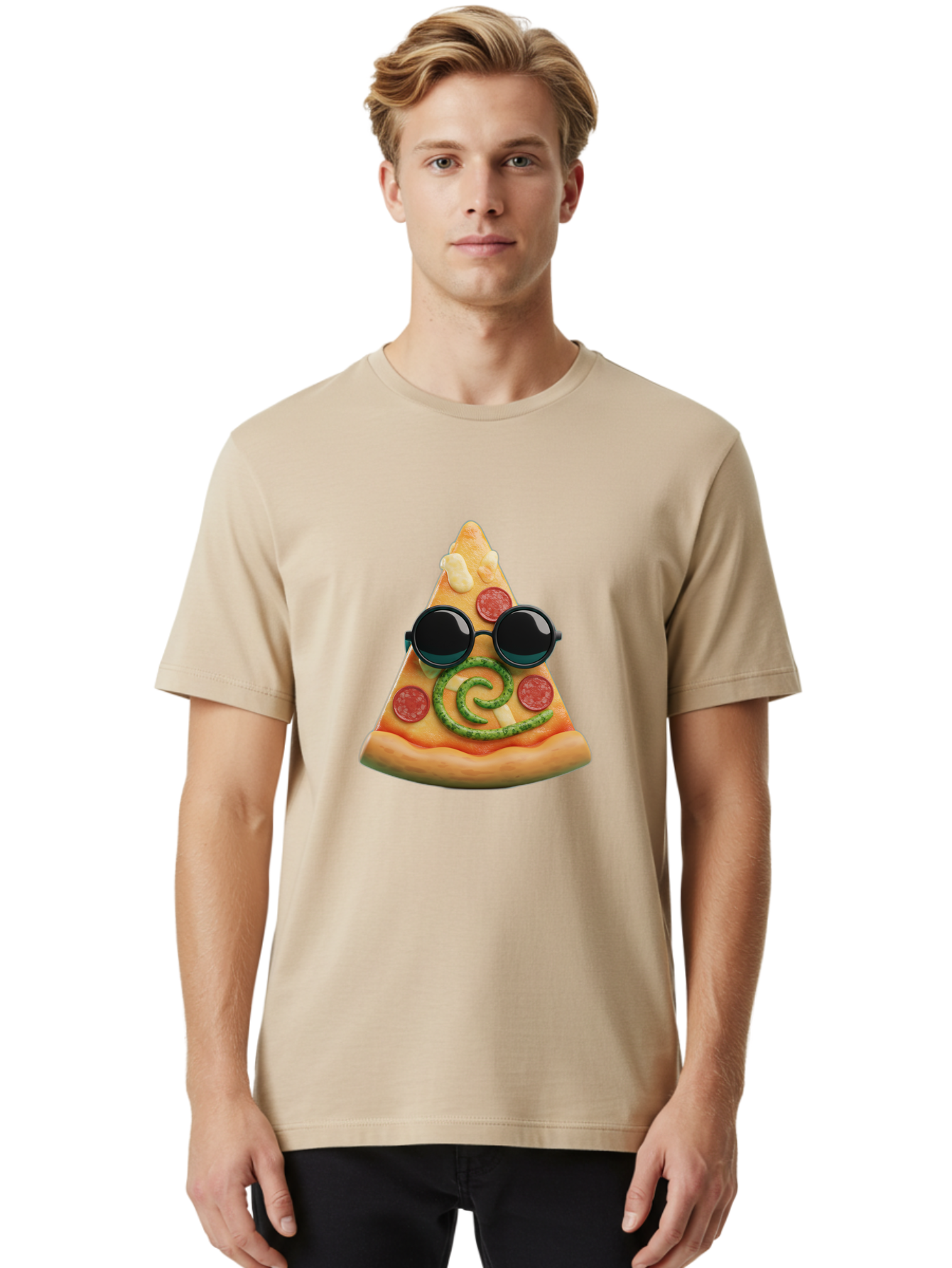 Pizza-Slice-With-Sunglasses-3 Men'S Graphic Tee, 100% Cotton, Comfortable Casual Summer Wear, Machine Washable, Funny Pizza, Cool Pizza Slice, Pepperoni Pizza, Melted Cheese, Pesto Swirl, Cute Food, Hipster Food, Casual Dining, Pizza Love, Bac314