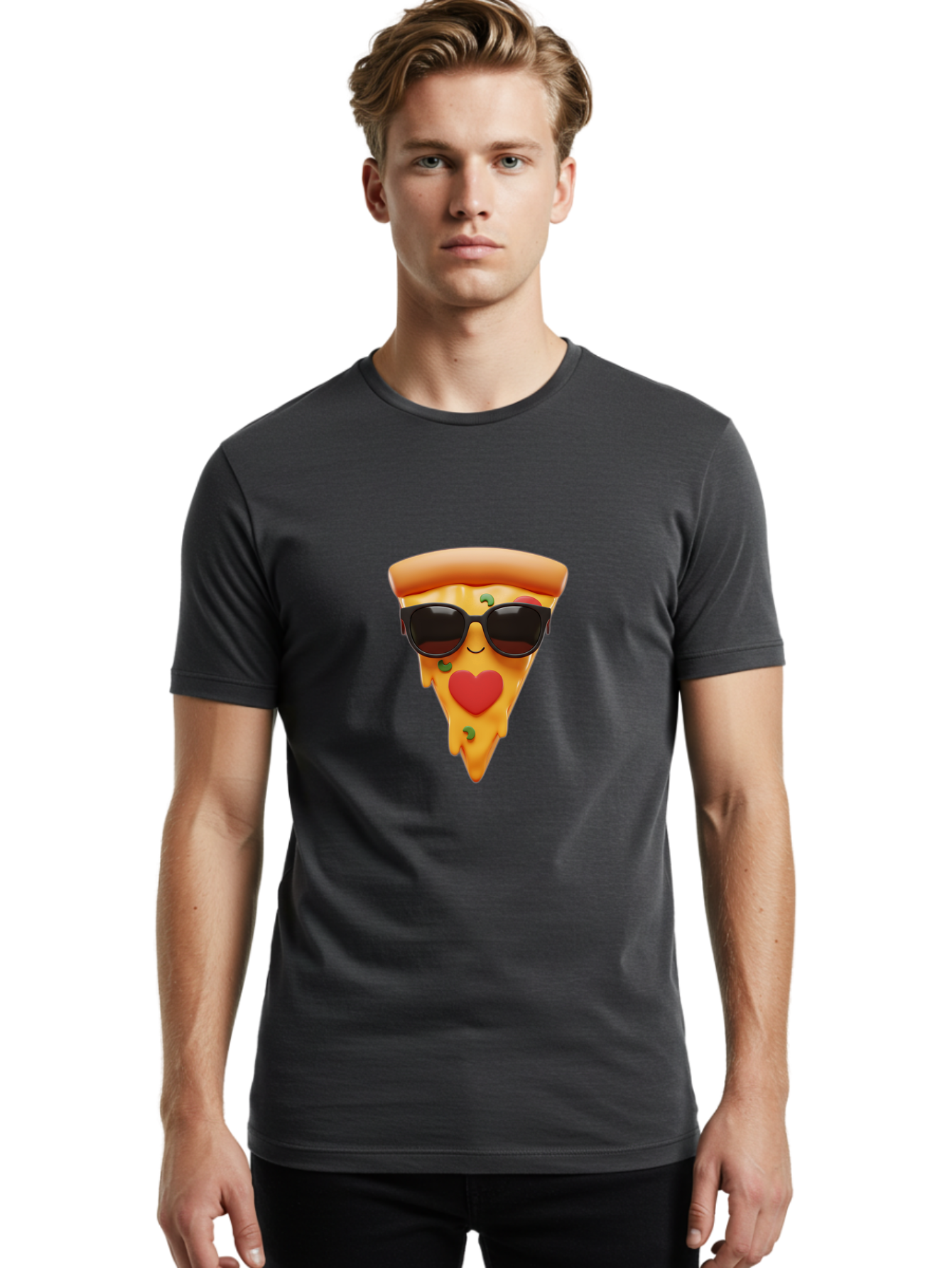 Pizza-Slice-With-Sunglasses Men'S Graphic Tee, 100% Cotton, Comfortable Casual Summer Wear, Machine Washable, Cool Pizza Slice, Sunglasses, Heart-Shaped Mouth, Cartoon Character, Cheesy Goodness, Foodie Fun, Playful Vibe, Tasty Treat, Bac315