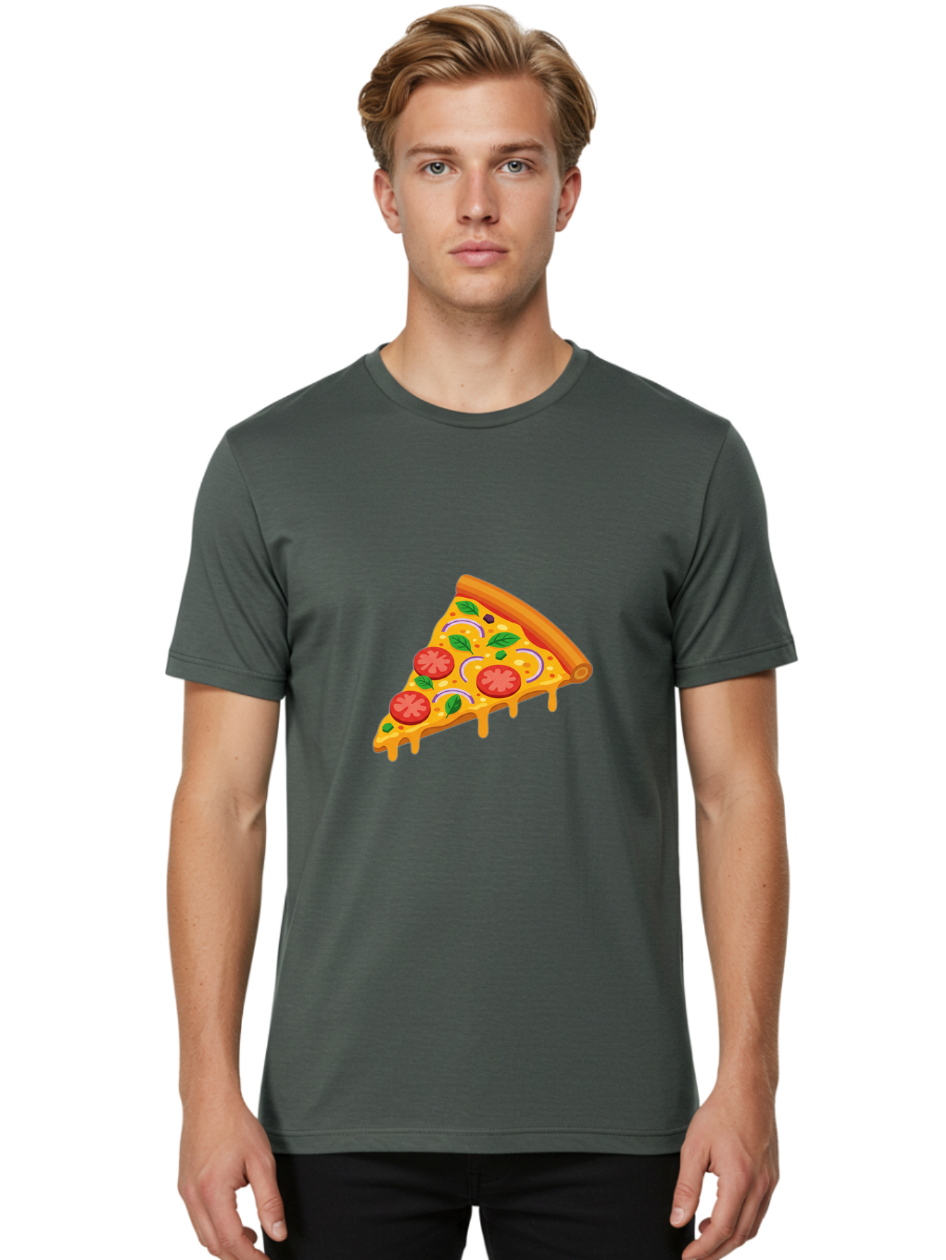 Pizza-Slice Men'S Graphic Tee, 100% Cotton, Comfortable Casual Summer Wear, Machine Washable, Cheesy Pizza Slice, Tomato Sauce, Melted Mozzarella, Fresh Basil, Onion Rings, Olives, Italian Food, Delicious Meal, Appetizing Dish, Savory Treat Bac316