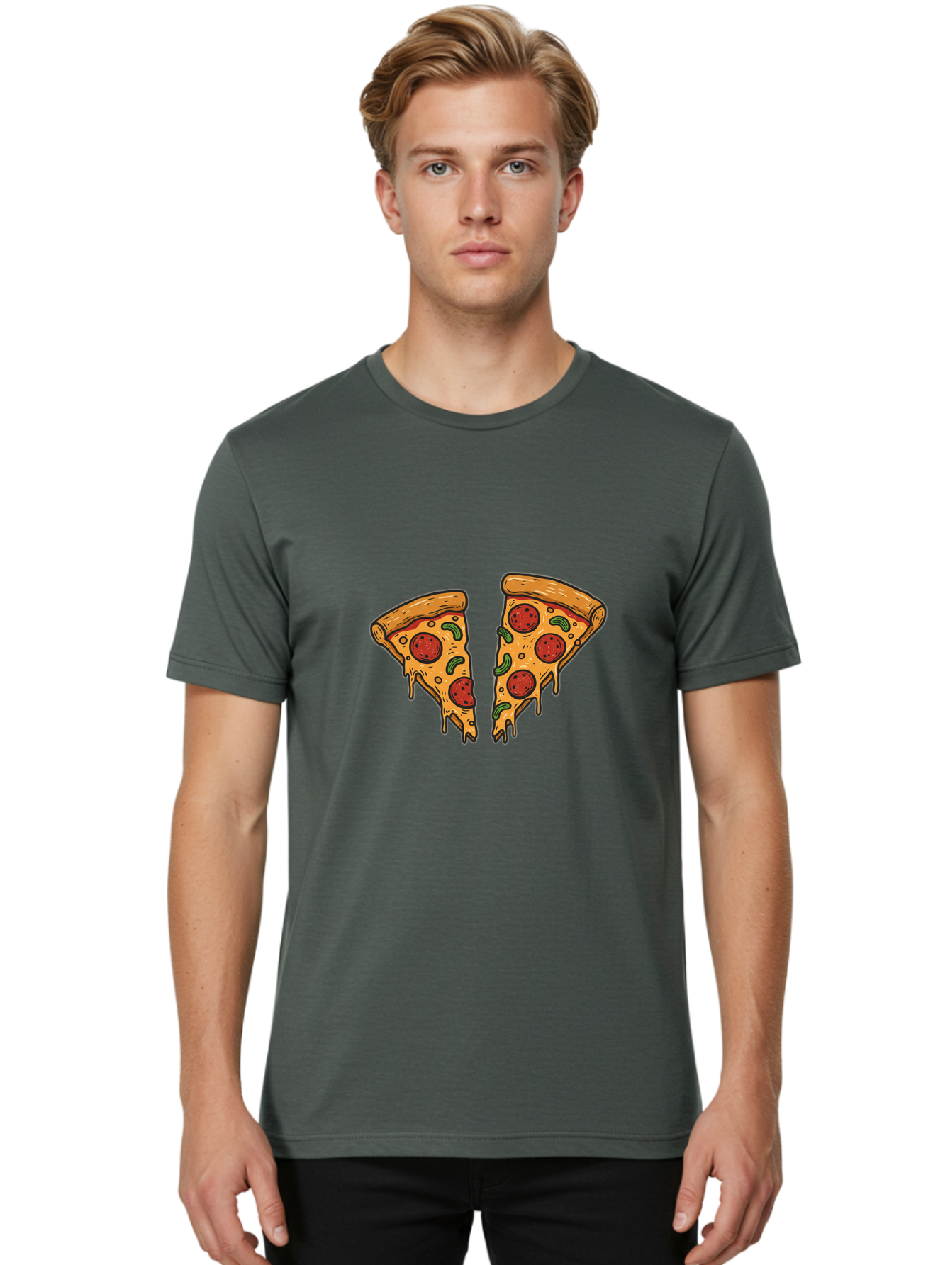 Pizza-Slices-1 Men'S Graphic Tee, 100% Cotton, Comfortable Casual Summer Wear, Machine Washable, Cheesy Pizza, Pepperoni Slices, Melted Cheese, Italian Food, Two Pizza Slices, Cartoon Style, Pizza Graphics, Food Illustration, Cheesy Goodness Bac317
