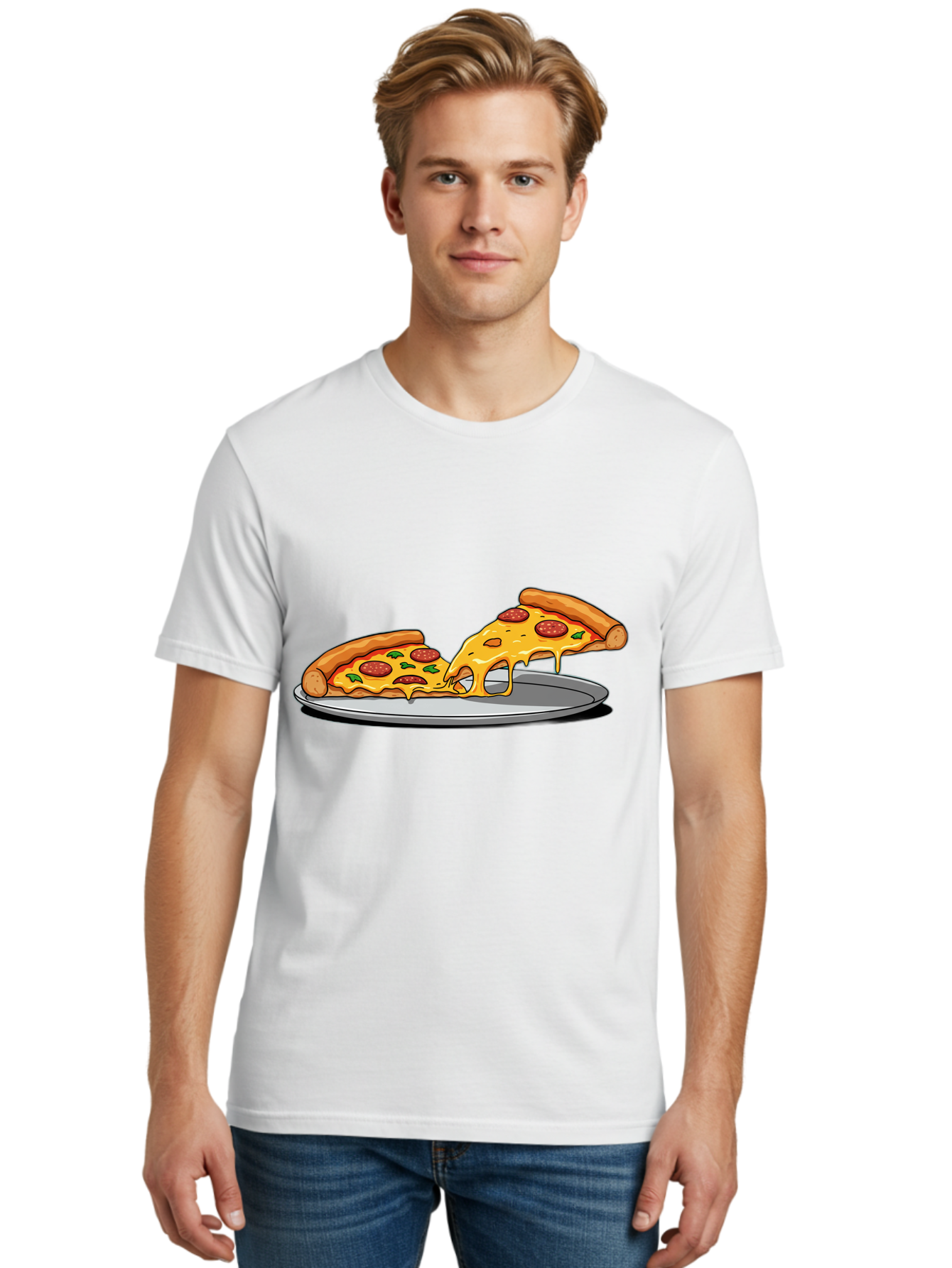 Pizza-Slices Men'S Graphic Tee, 100% Cotton, Comfortable Casual Summer Wear, Machine Washable, Pepperoni Pizza, Cheesy Goodness, Melted Cheese, Italian Food, Pizza Slices, Savory Delight, Foodie Favorite, Cheesy Pull Bac318